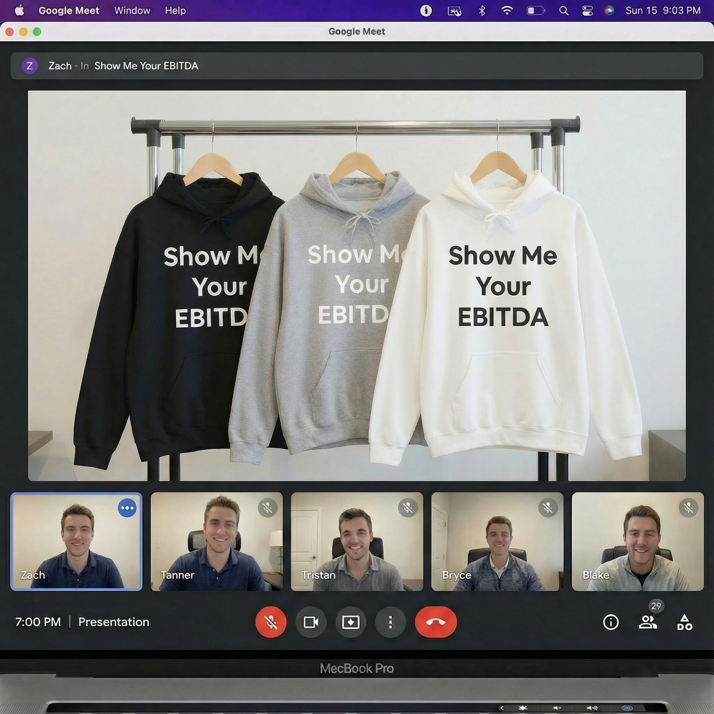 Mock Google Meet video call screen sharing a clothing rack with black, grey, and white 'Show Me Your EBITDA' hoodies.