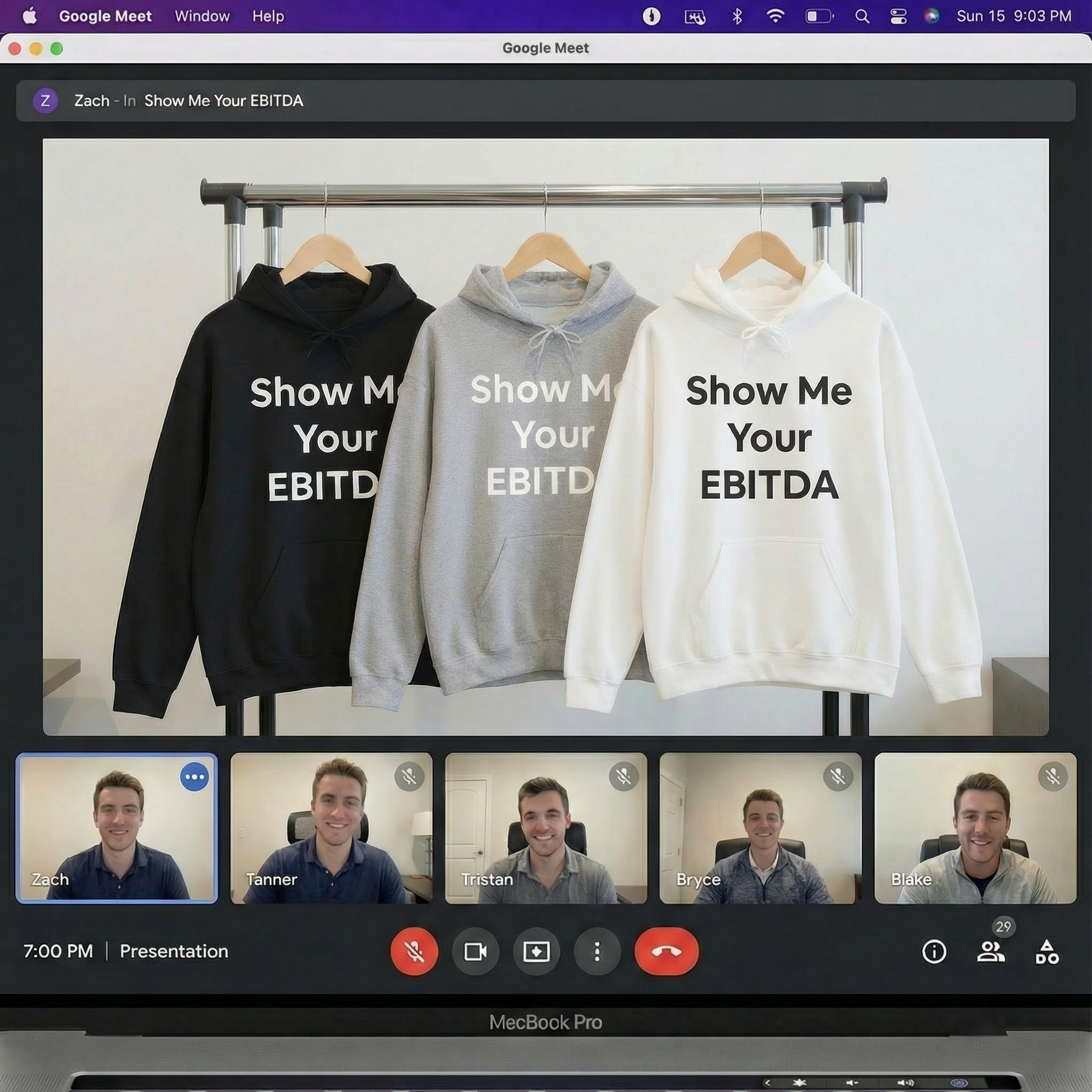 Mock Google Meet video call screen sharing a clothing rack with black, grey, and white 'Show Me Your EBITDA' hoodies.