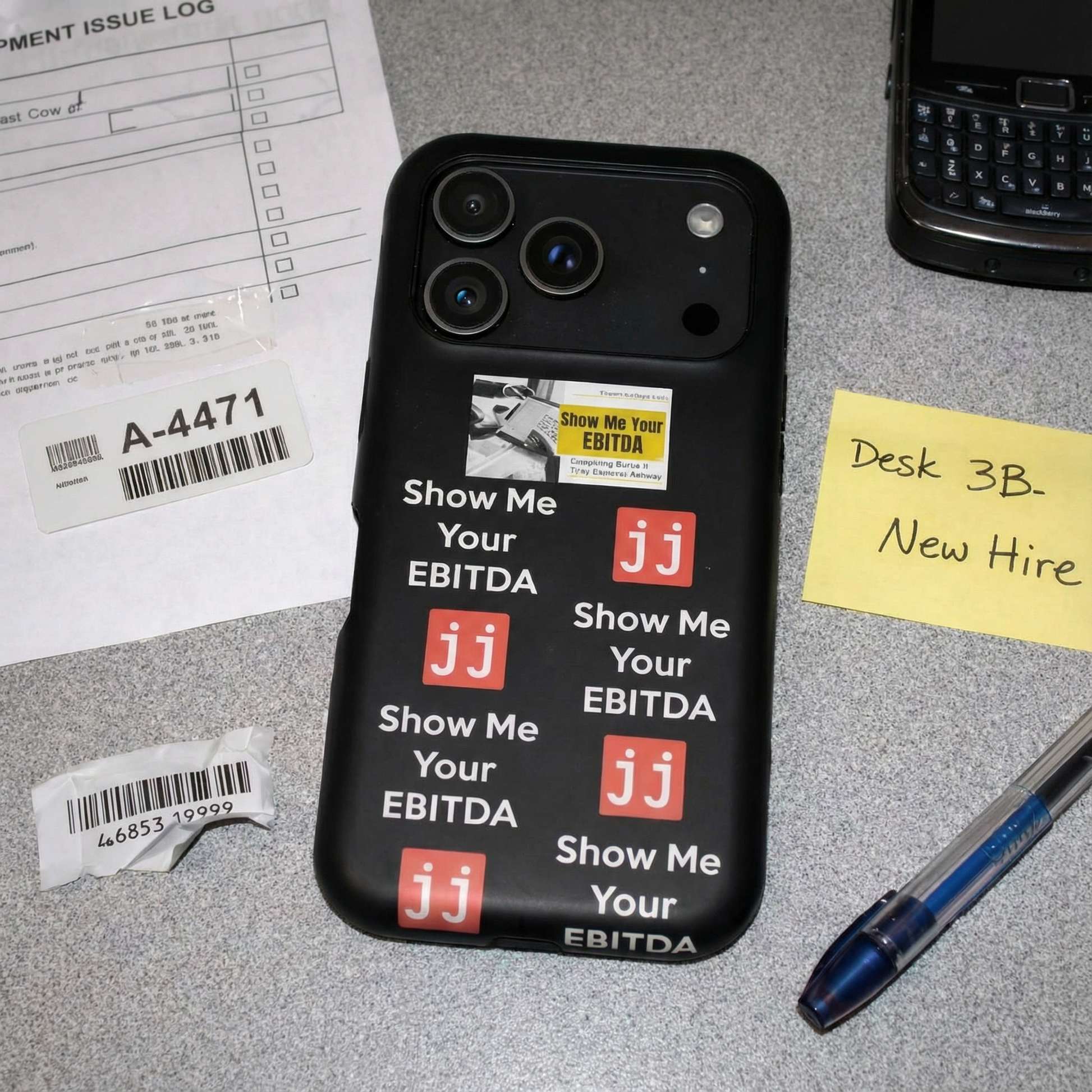 Black corporate humor phone case with 'Show Me Your EBITDA' text, perfect for finance professionals.