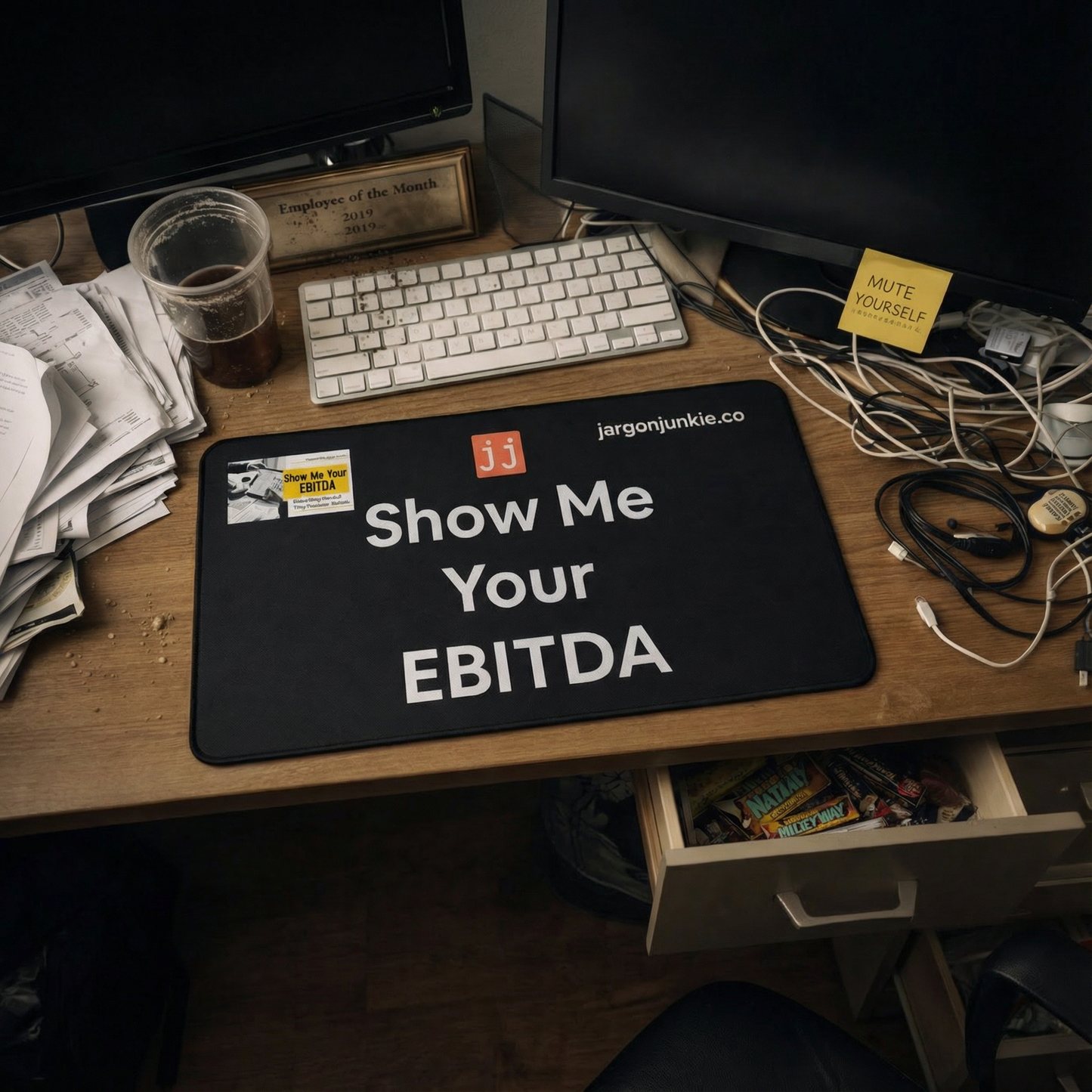 Jargon Junkie black desk mat with Show Me Your EBITDA text on office desk lifestyle shot corporate humor desk accessory