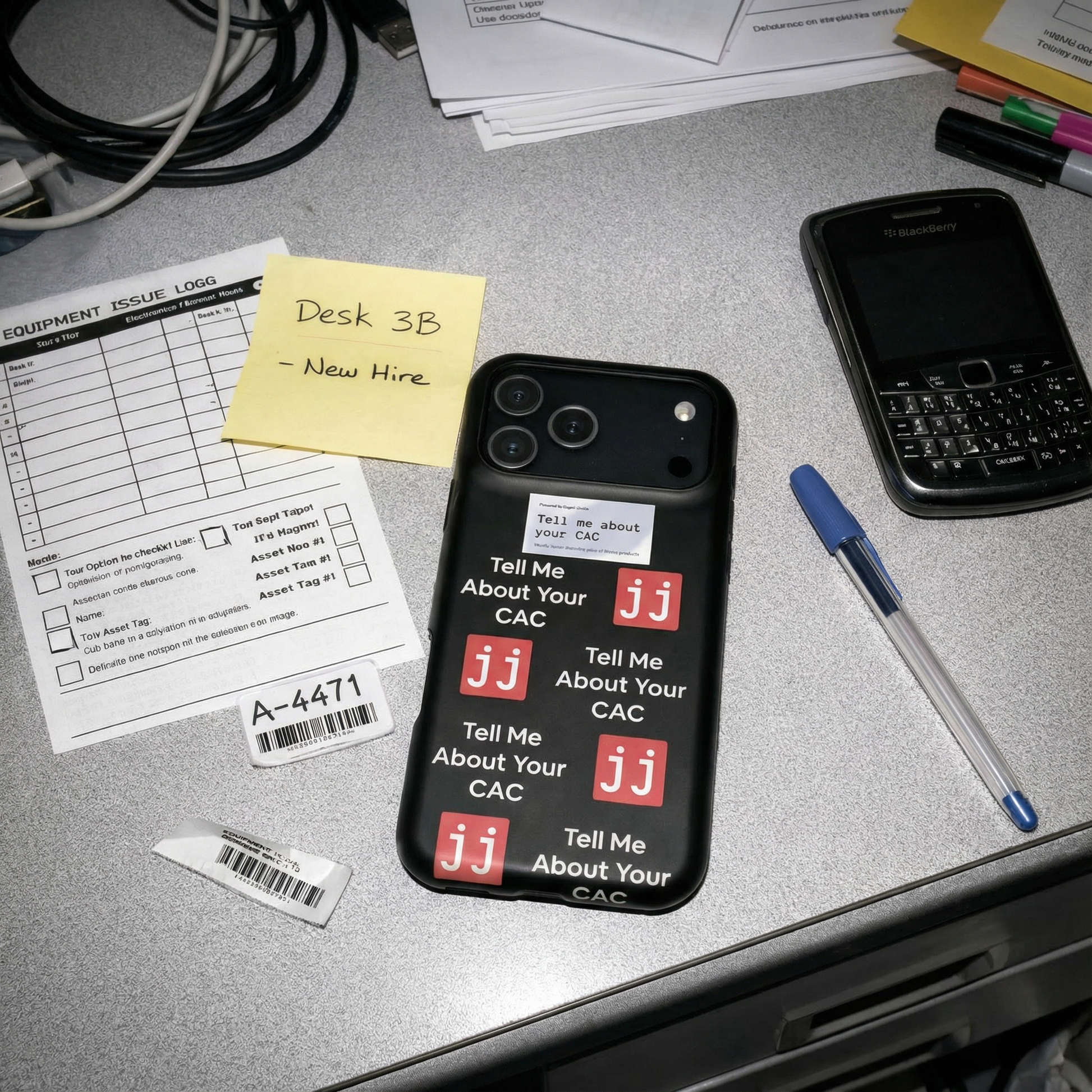 Jargon Junkie black iPhone case with Tell Me About Your CAC text and JJ logos on office desk lifestyle shot corporate humor phone accessory