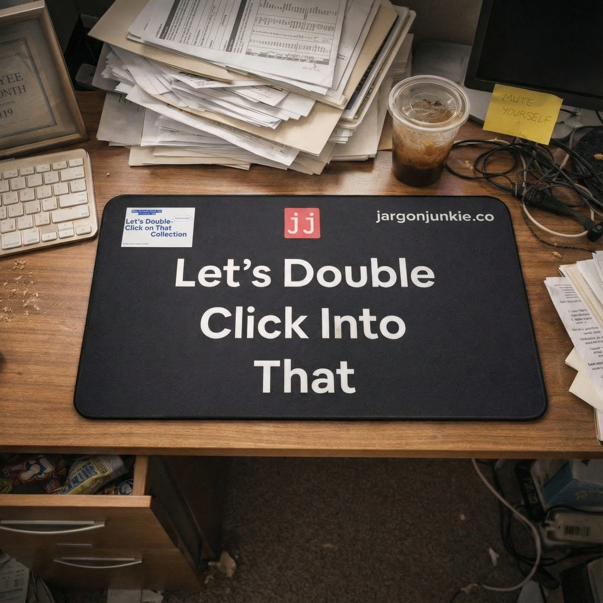 Jargon Junkie black desk mat with Let's Double Click Into That text on office desk lifestyle shot corporate humor desk accessory