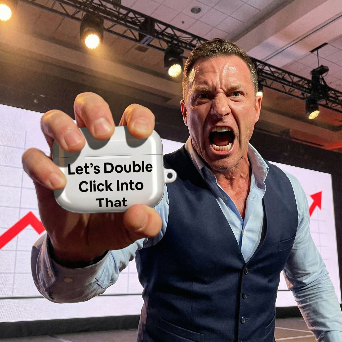 Jargon Junkie white AirPods case with Let's Double Click Into That text held at tech conference corporate humor design