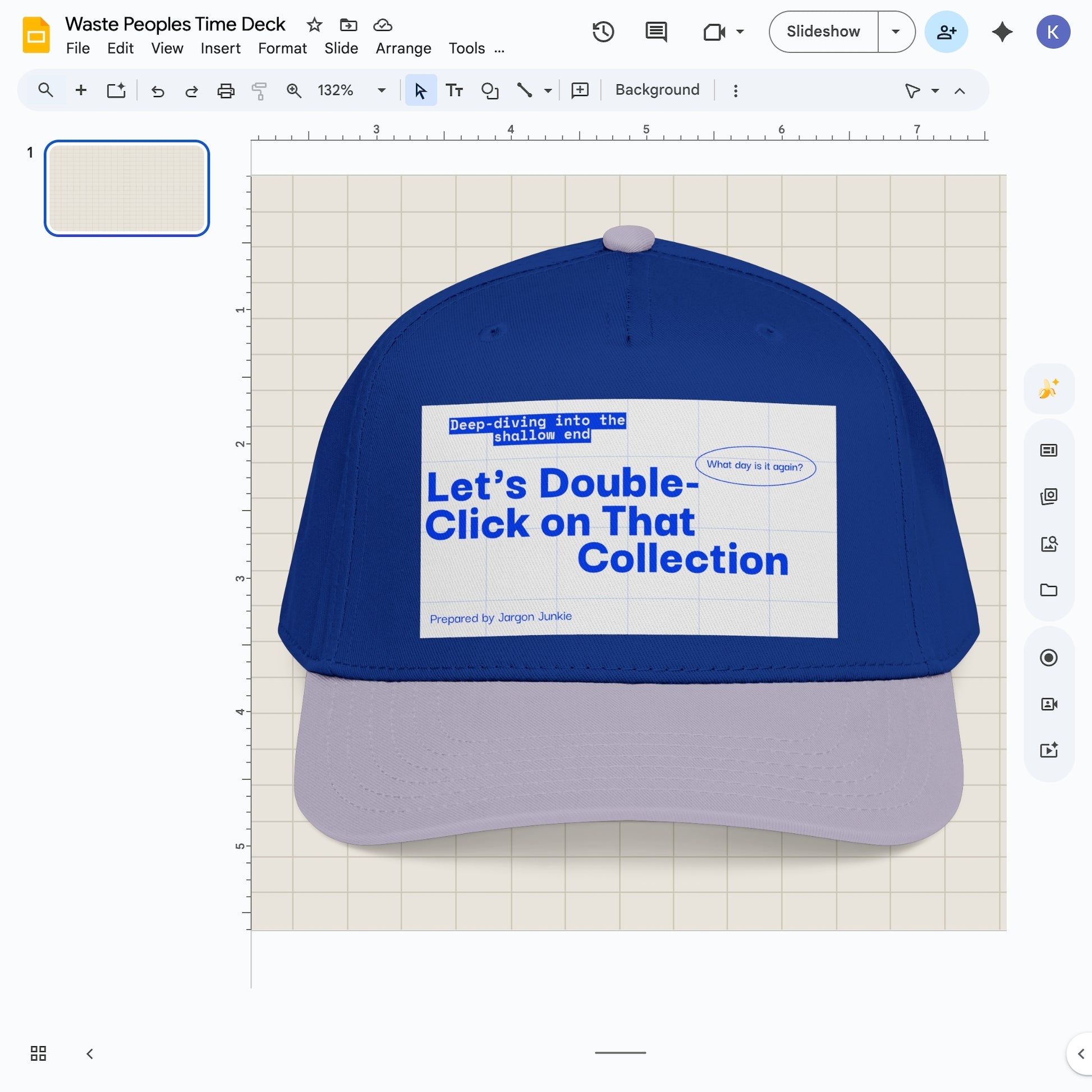 Jargon Junkie blue and gray baseball cap with slide deck graphic reading Let's Double-Click on That Collection corporate humor design
