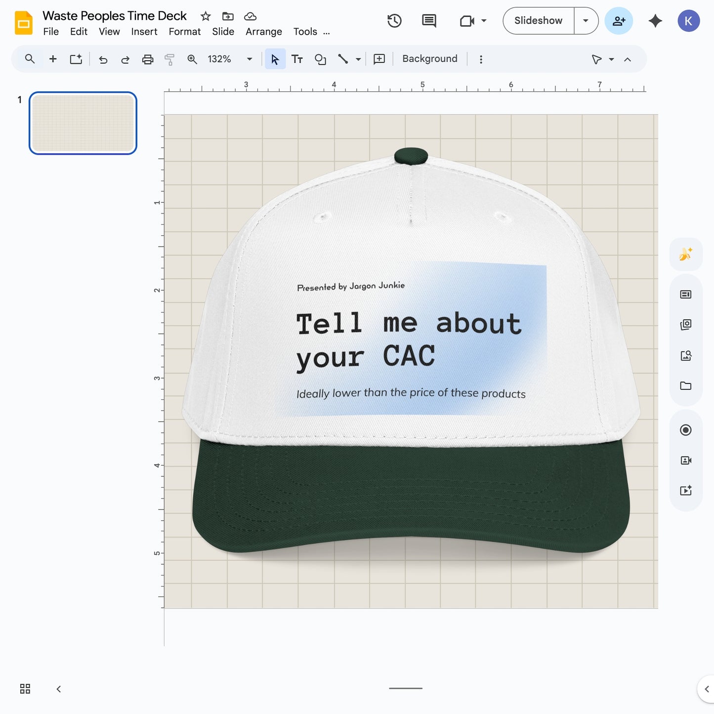 Jargon Junkie white and dark green baseball cap with Tell Me About Your CAC graphic corporate humor design