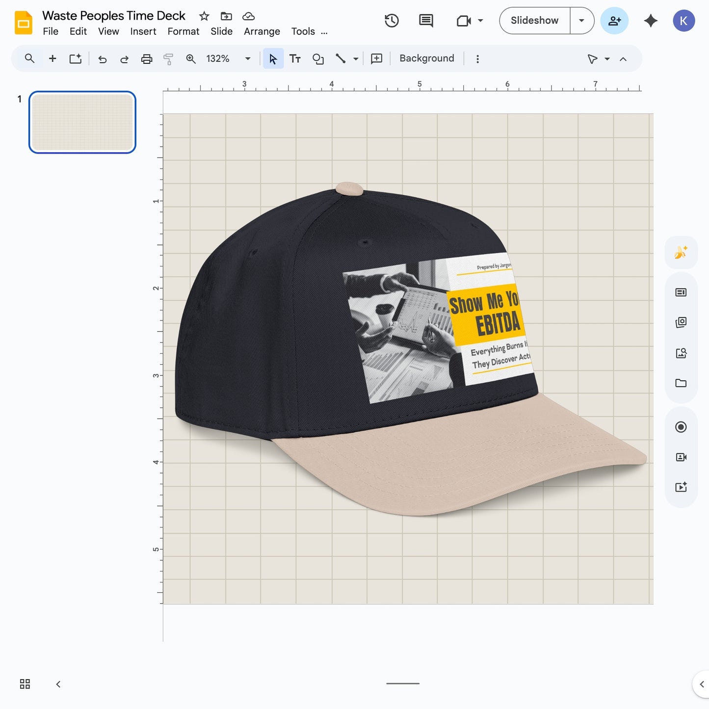 Jargon Junkie navy and khaki baseball cap angled view with Show Me Your EBITDA graphic corporate finance humor