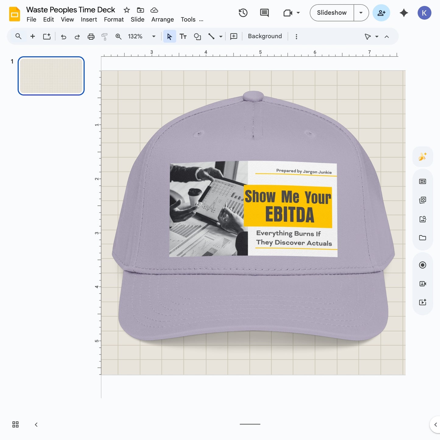 Jargon Junkie lavender baseball cap with Show Me Your EBITDA graphic corporate finance humor design