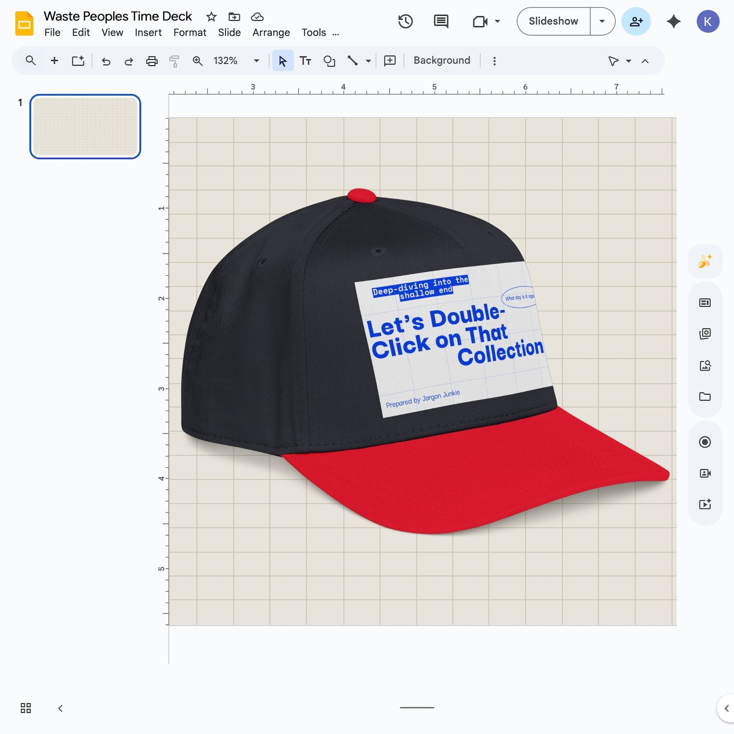 Jargon Junkie black and red baseball cap angled view with slide deck graphic reading Let's Double-Click on That Collection
