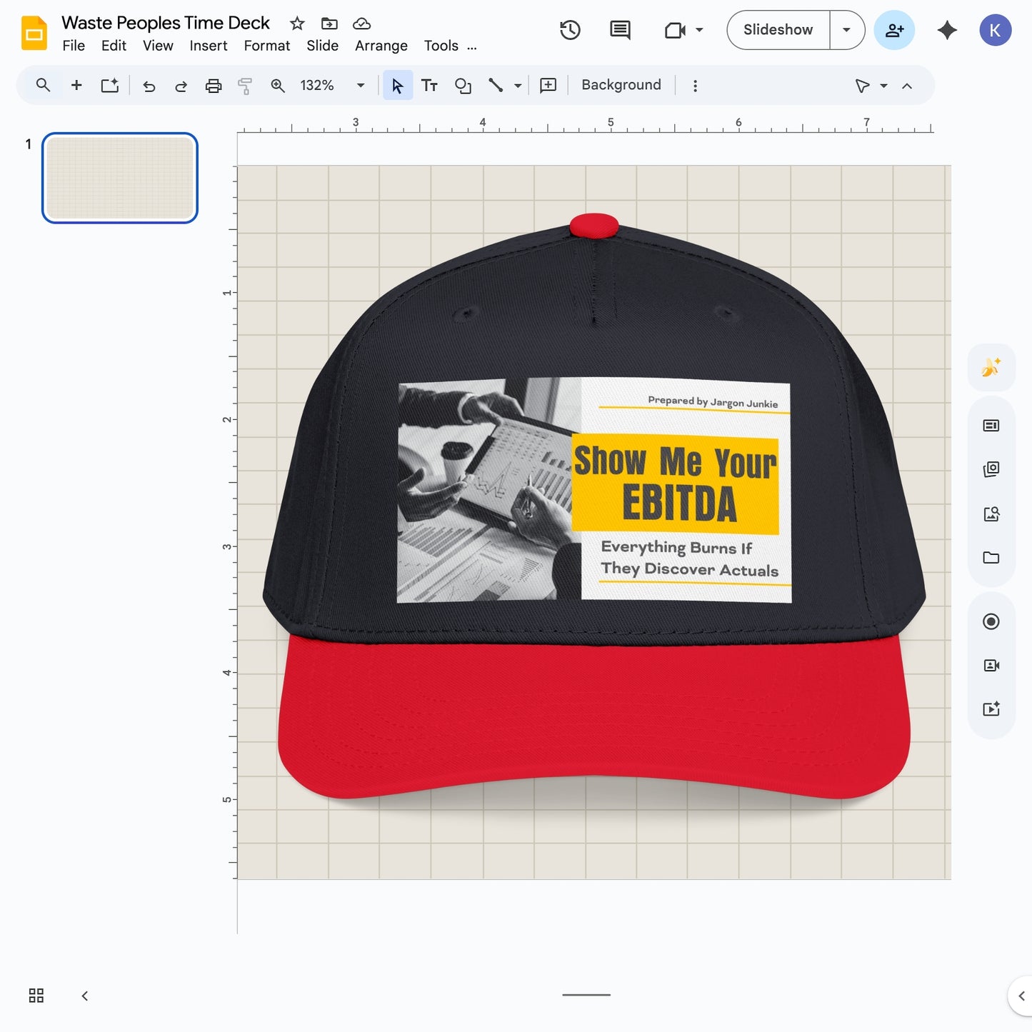 Jargon Junkie navy and red baseball cap with Show Me Your EBITDA graphic corporate finance humor design
