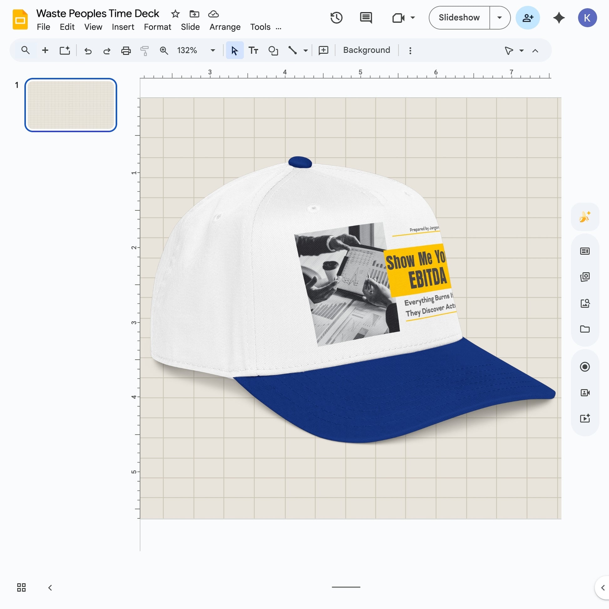 Jargon Junkie gray and royal blue baseball cap angled view with Show Me Your EBITDA graphic corporate finance humor design