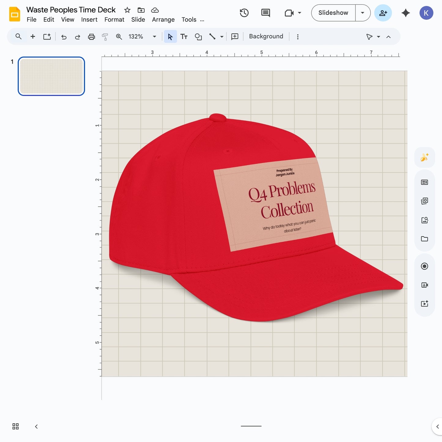 Jargon Junkie red baseball cap with Q4 Problems Collection graphic corporate humor design