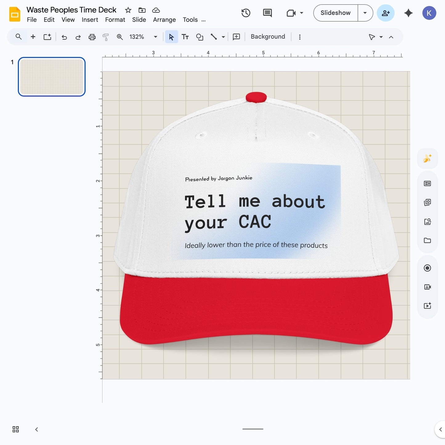 Jargon Junkie white and red baseball cap with Tell Me About Your CAC graphic corporate humor design