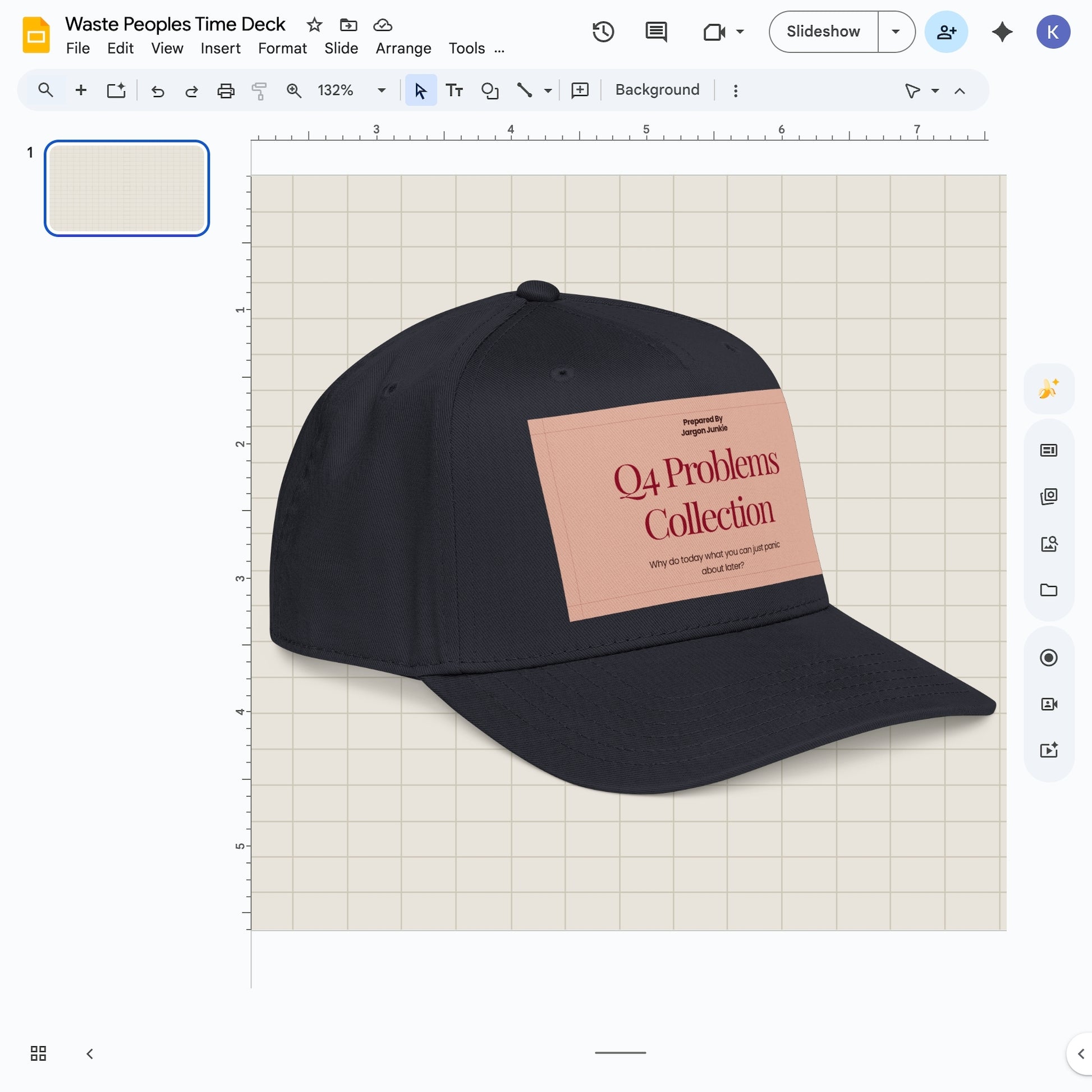 Jargon Junkie navy blue baseball cap with Q4 Problems Collection graphic corporate humor design