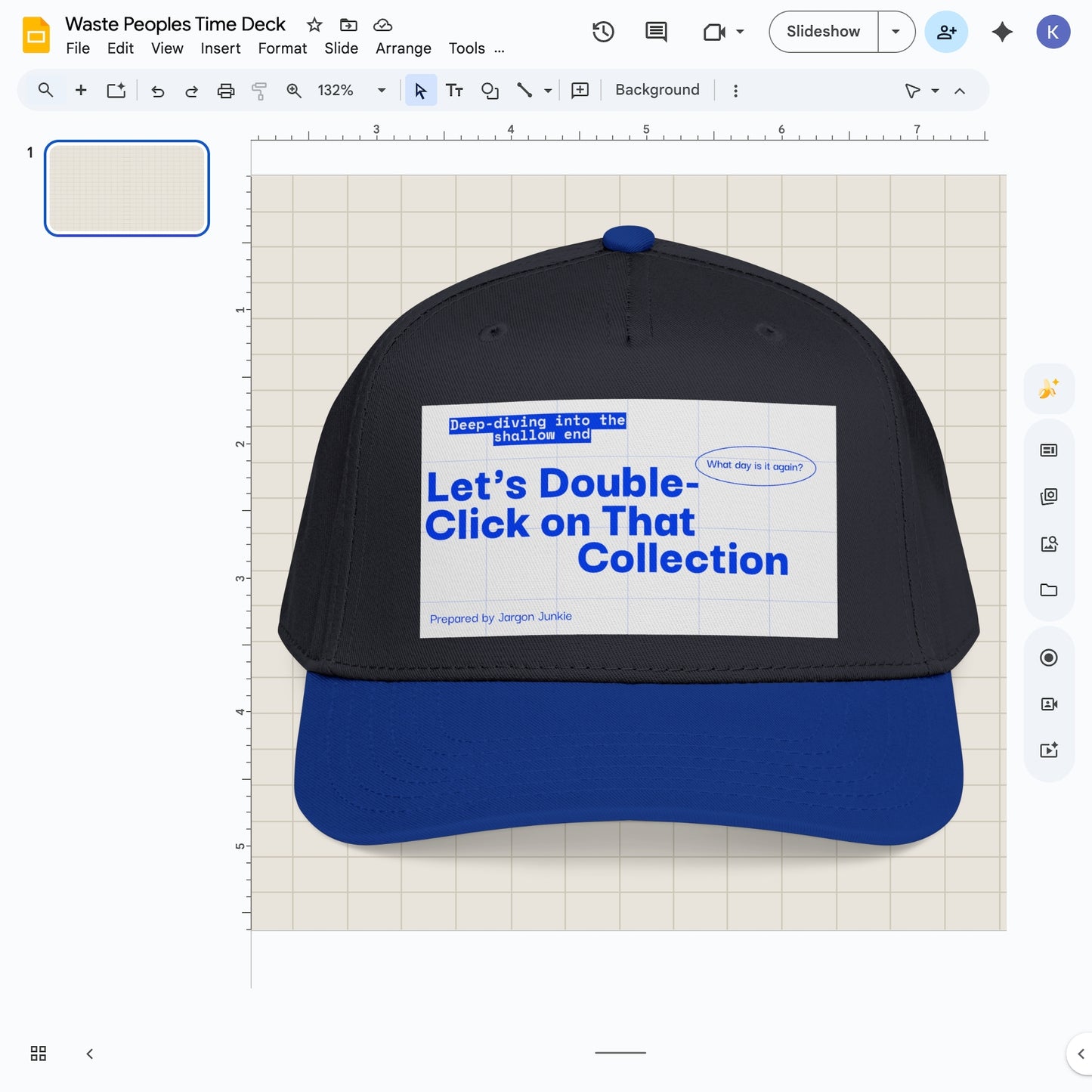 Jargon Junkie navy and blue baseball cap with slide deck graphic reading Let's Double-Click on That Collection corporate humor design