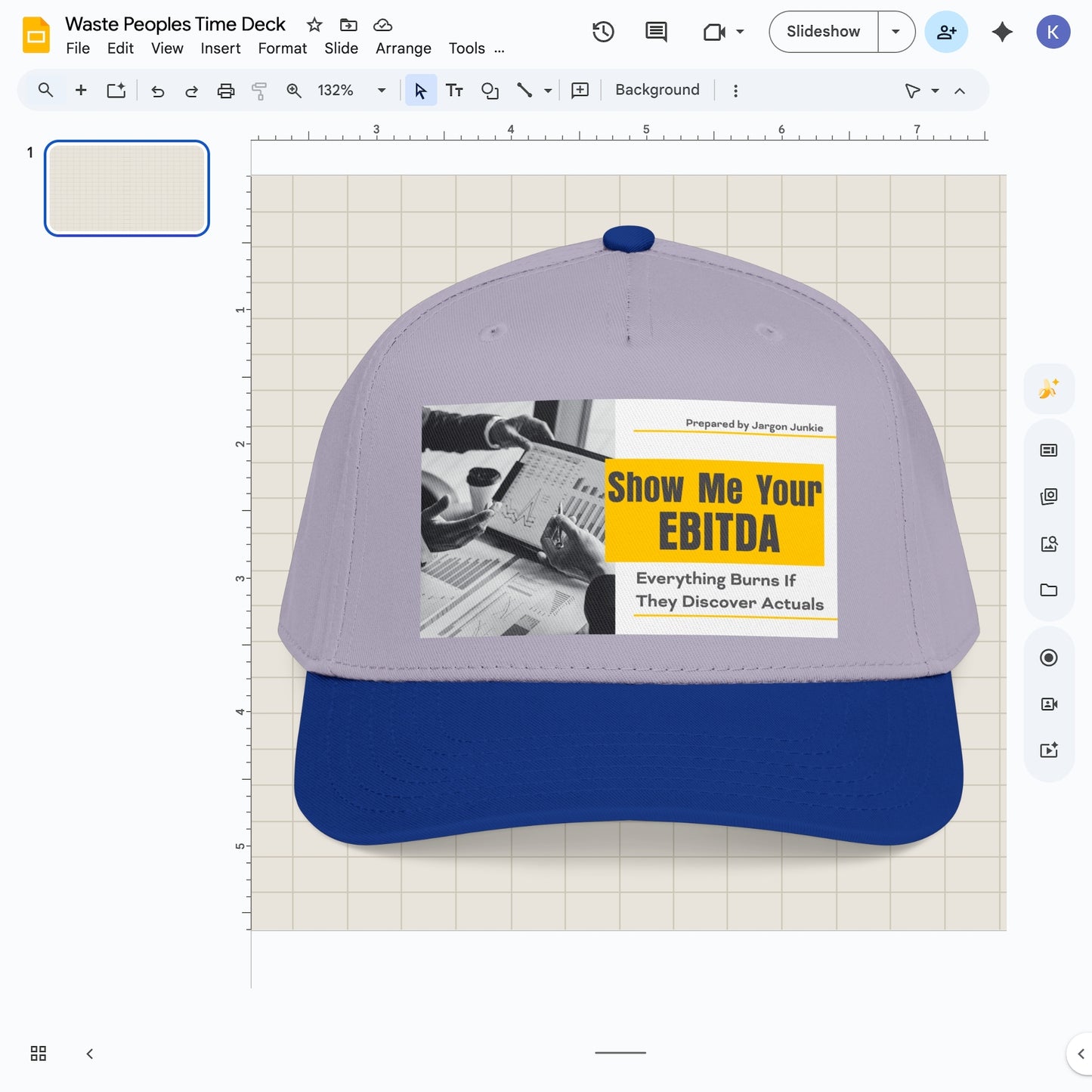 Jargon Junkie light blue and royal blue baseball cap with Show Me Your EBITDA graphic corporate finance humor design