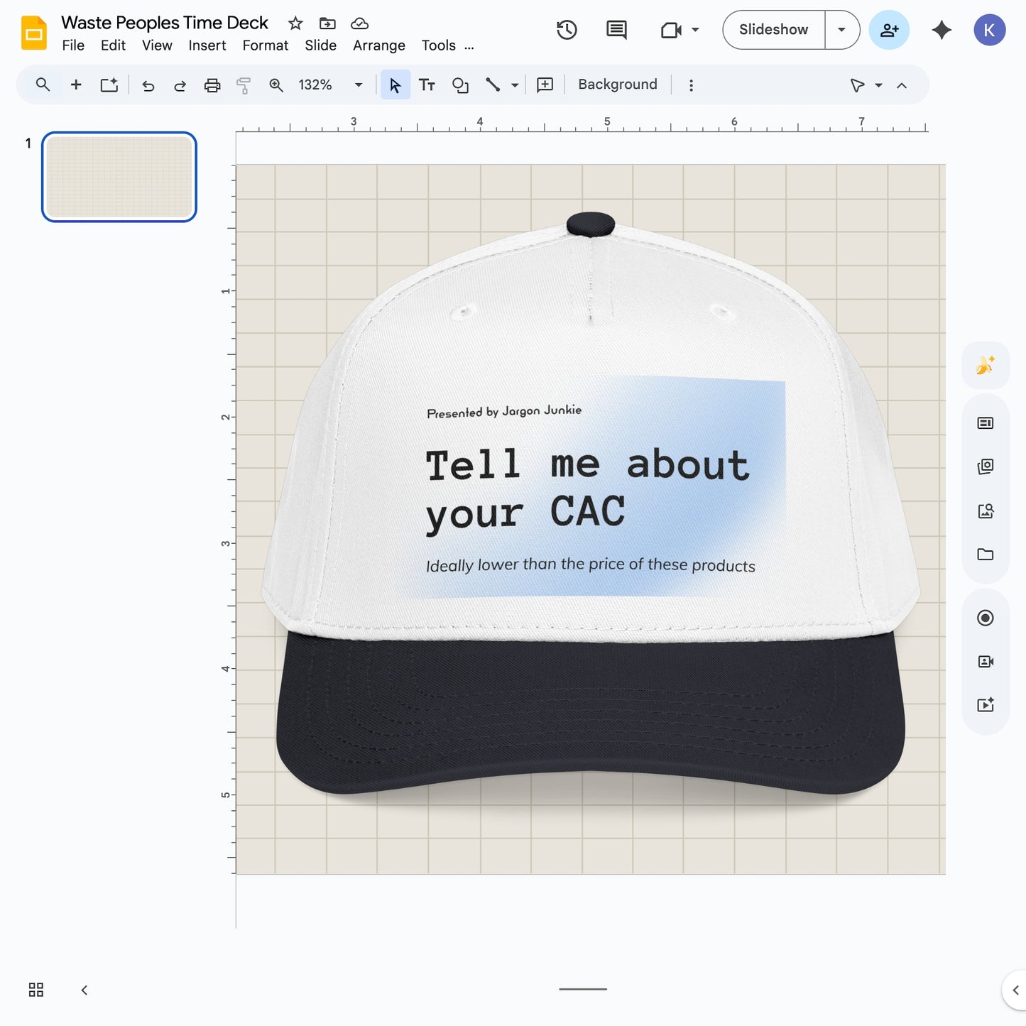 Jargon Junkie white and navy blue baseball cap with Tell Me About Your CAC graphic corporate humor design