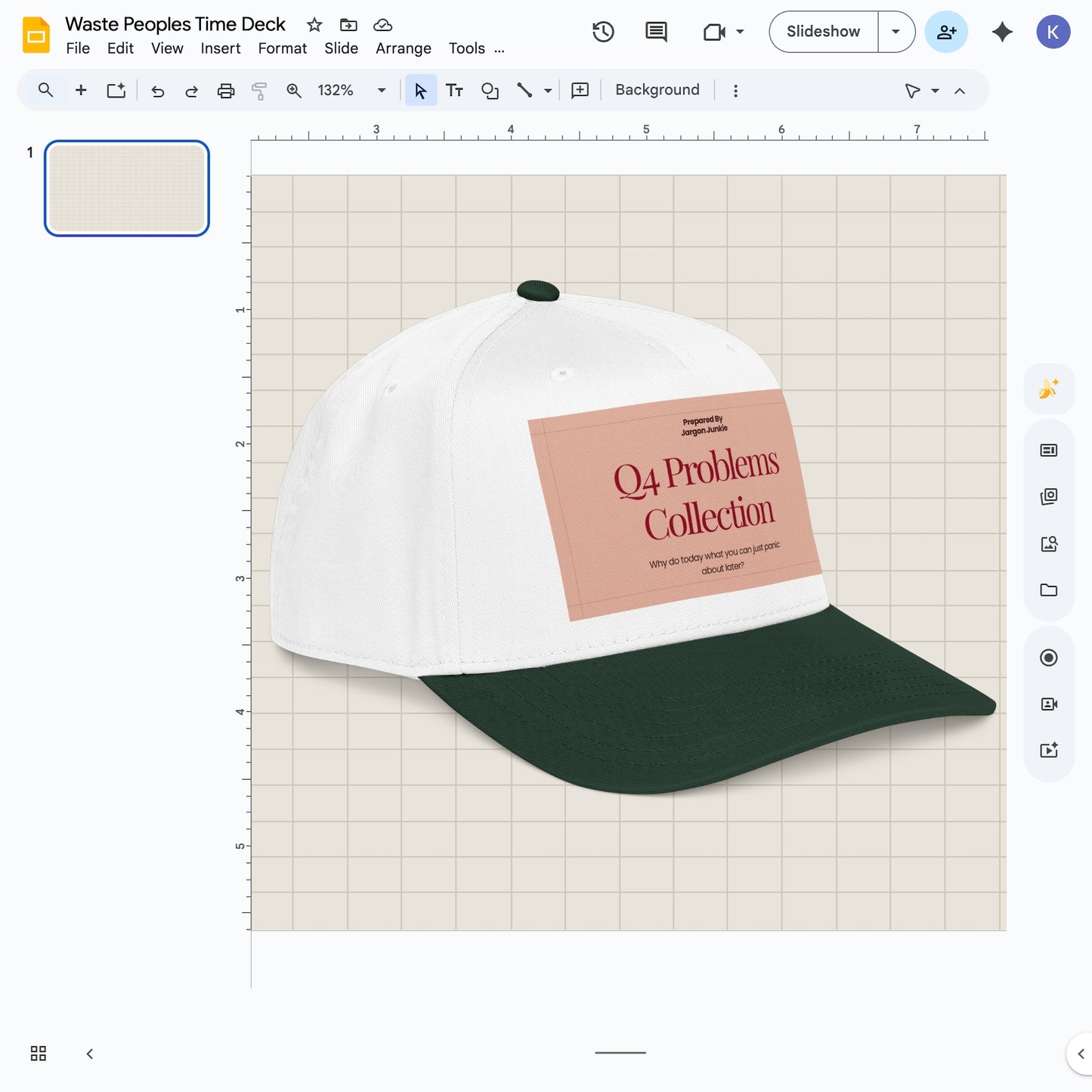 Jargon Junkie white and dark green baseball cap angled view with Q4 Problems Collection graphic corporate humor design