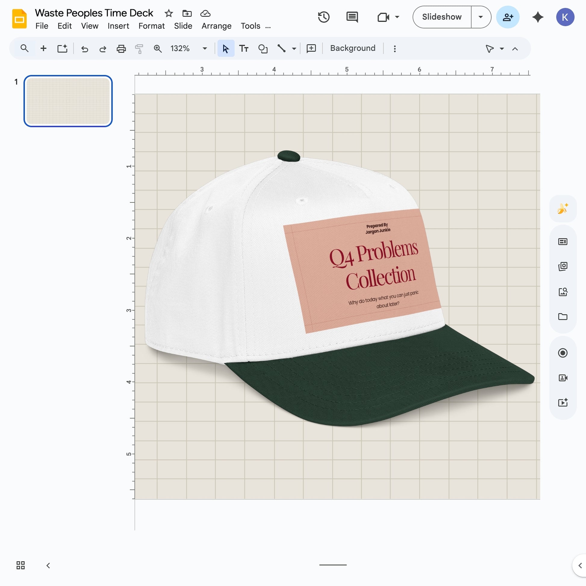 Jargon Junkie white and dark green baseball cap angled view with Q4 Problems Collection graphic corporate humor design