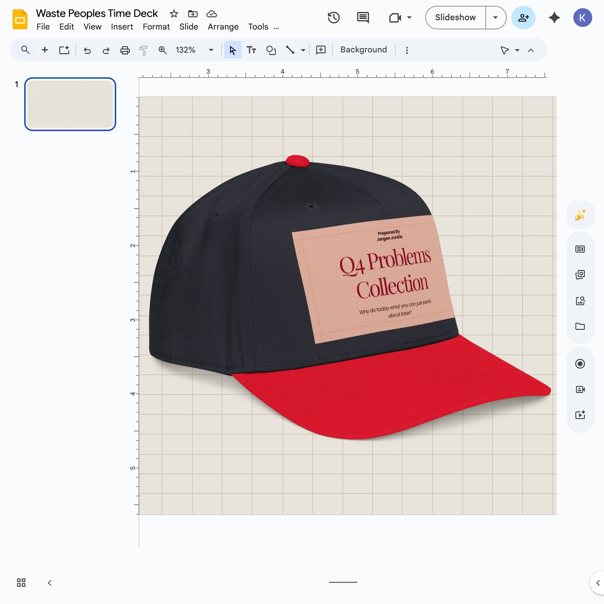 Jargon Junkie navy blue and red baseball cap with Q4 Problems Collection graphic corporate humor design