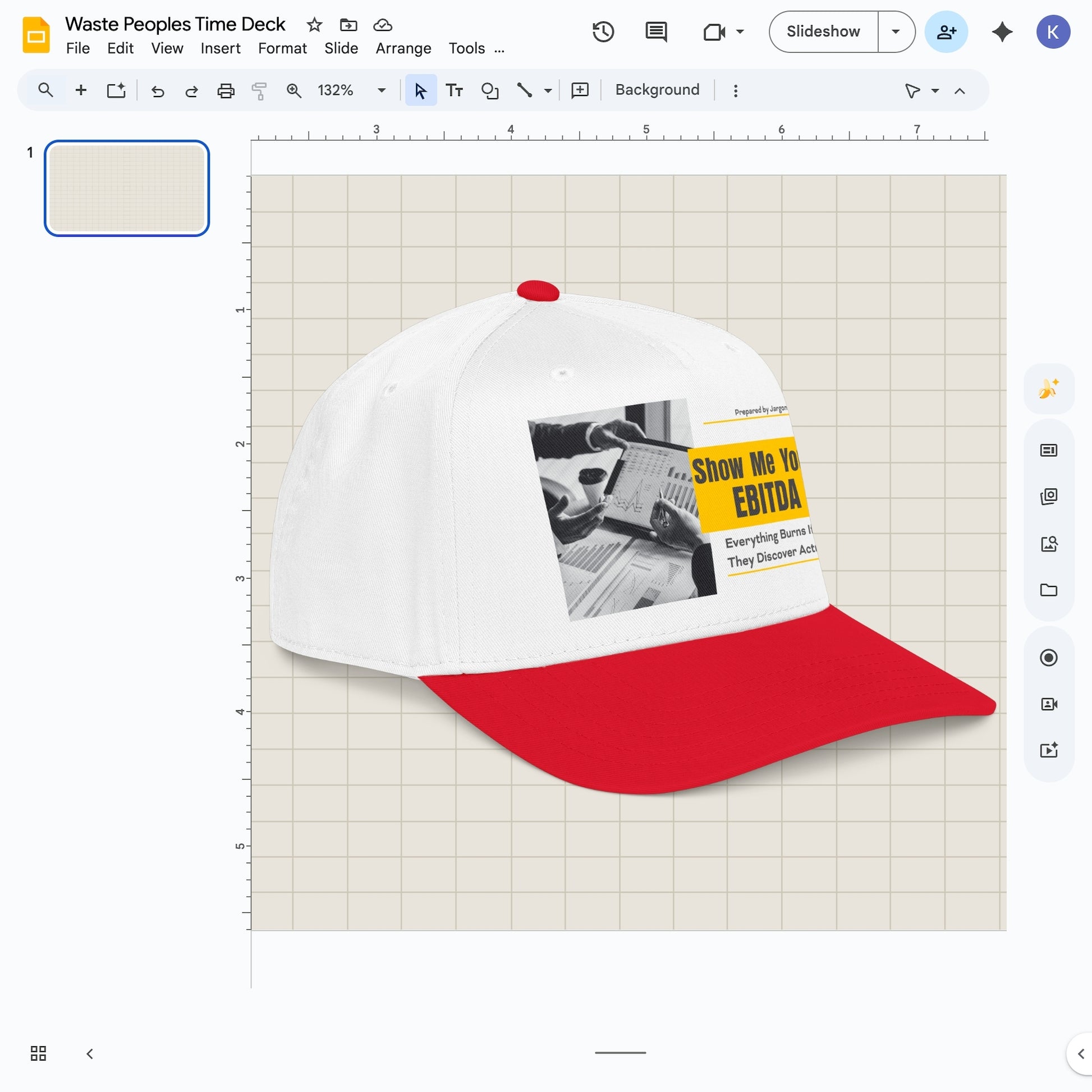 Jargon Junkie white and red baseball cap angled view with Show Me Your EBITDA graphic corporate finance humor