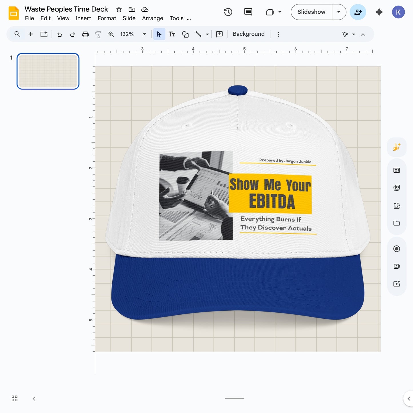 Jargon Junkie gray and royal blue baseball cap with Show Me Your EBITDA graphic corporate finance humor design