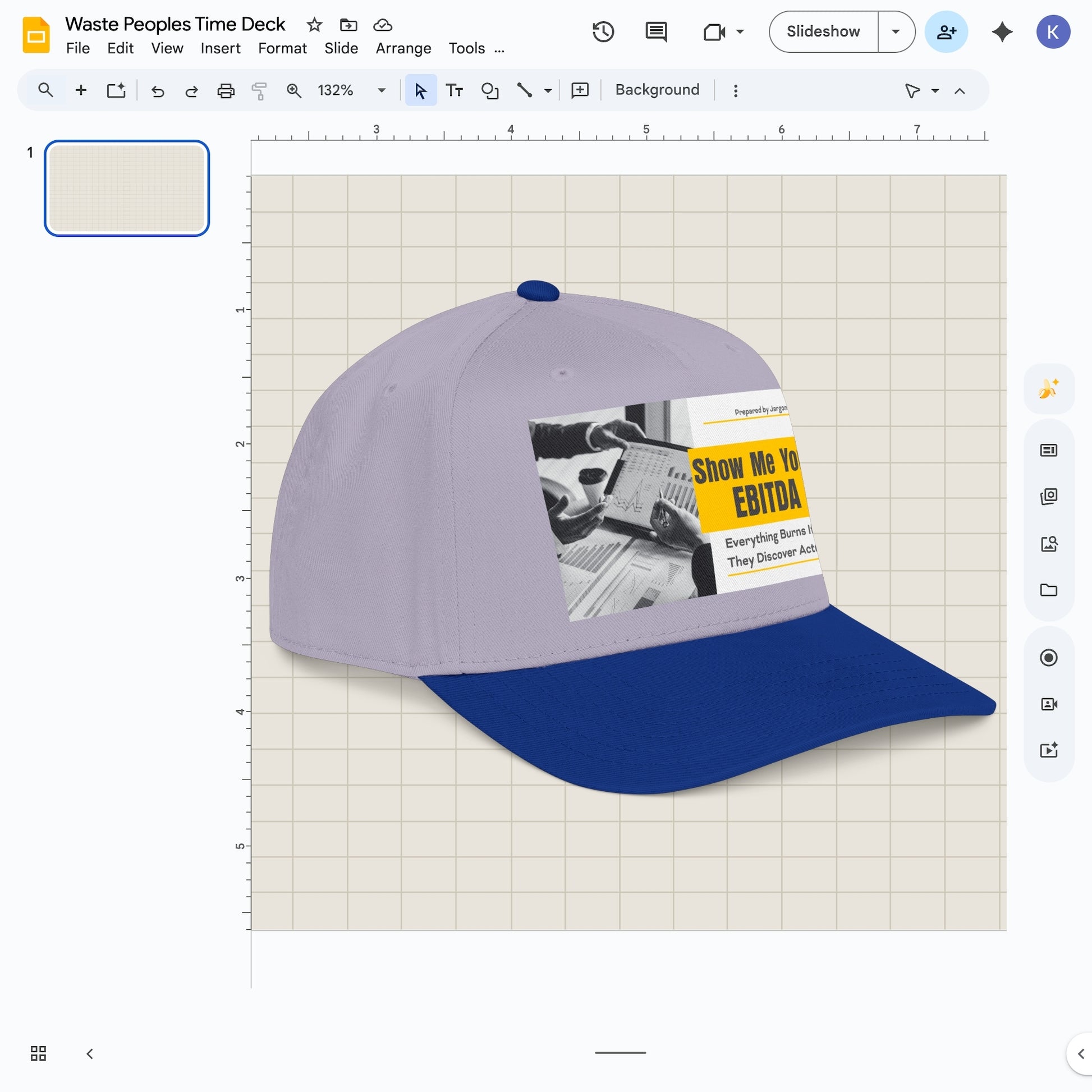 Jargon Junkie light blue and royal blue baseball cap angled view with Show Me Your EBITDA graphic corporate finance humor design