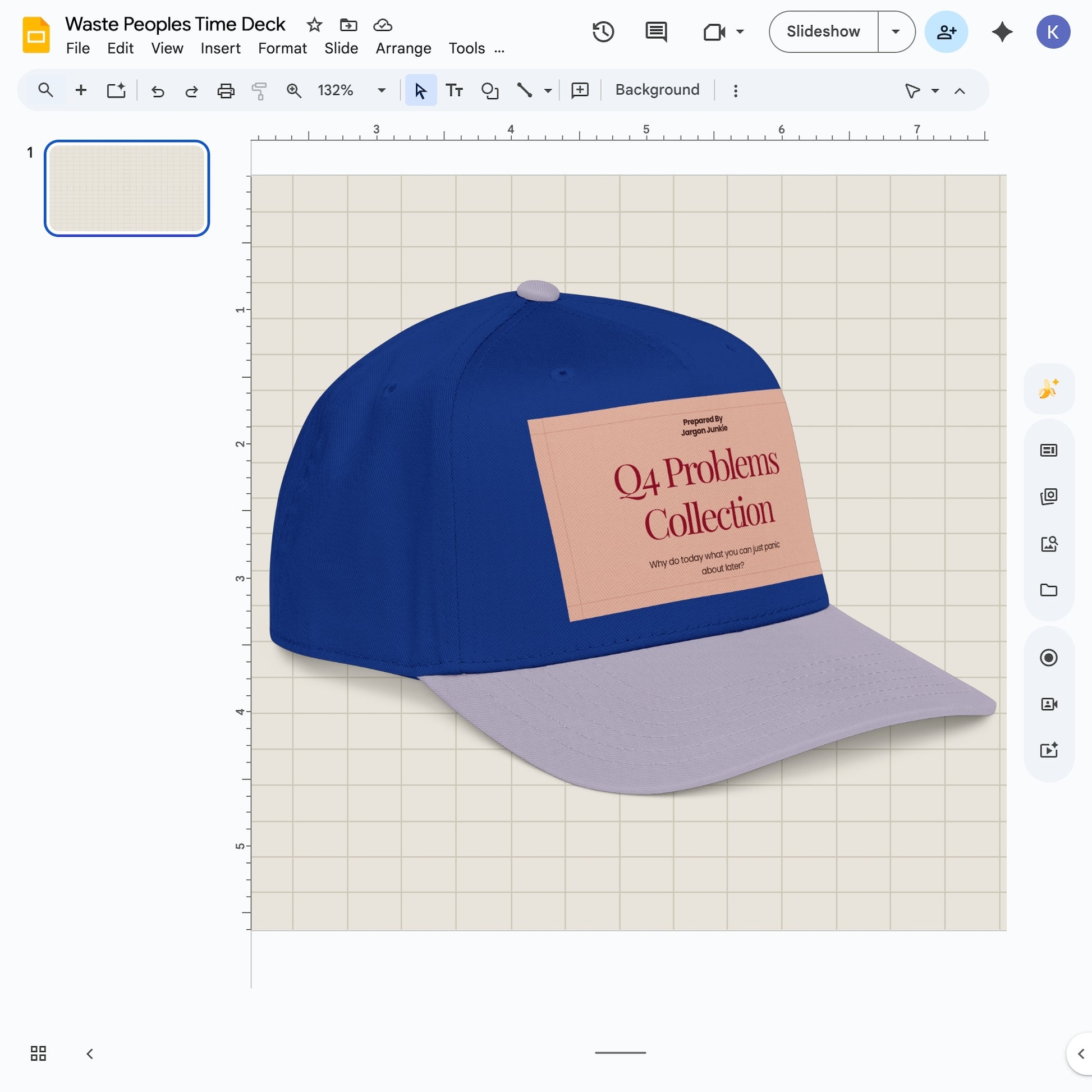 Jargon Junkie royal blue and gray baseball cap with Q4 Problems Collection graphic corporate humor design