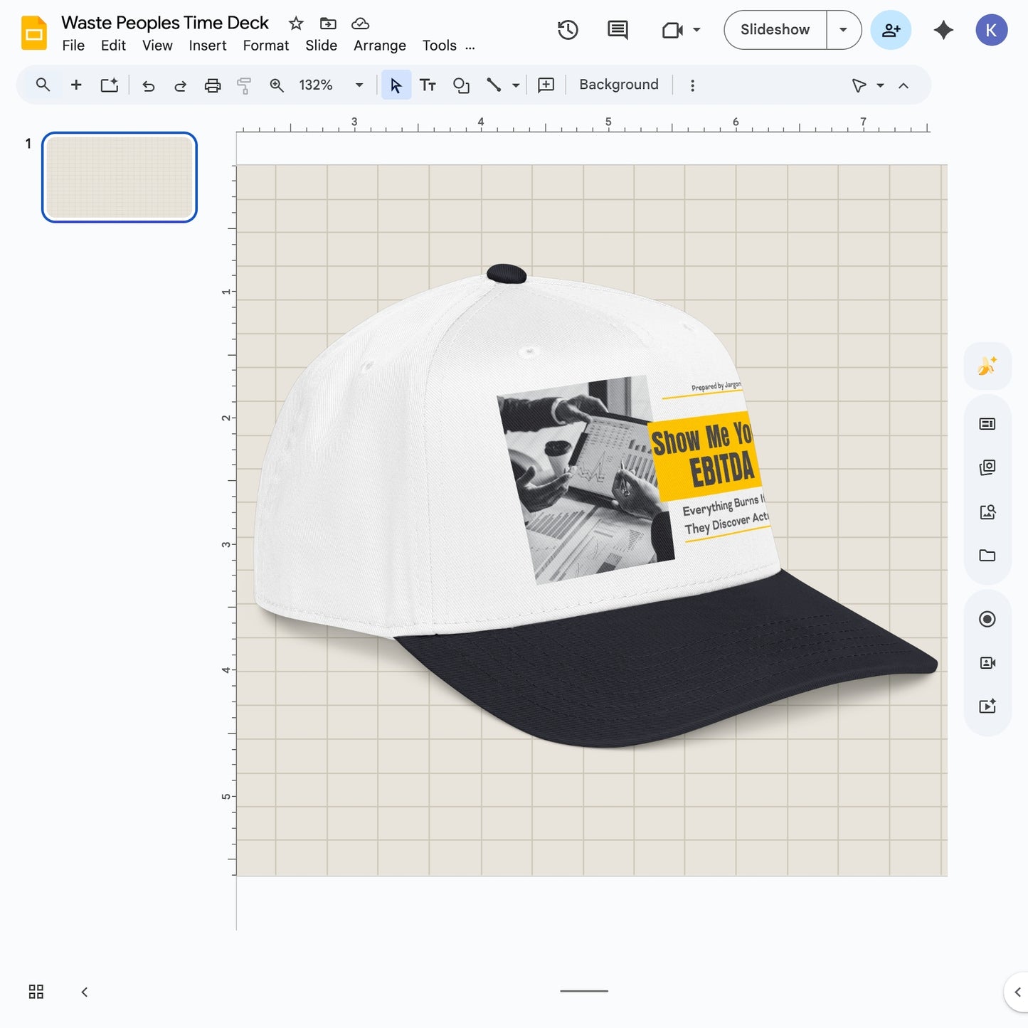 Jargon Junkie white and navy baseball cap angled view with Show Me Your EBITDA graphic corporate finance humor design