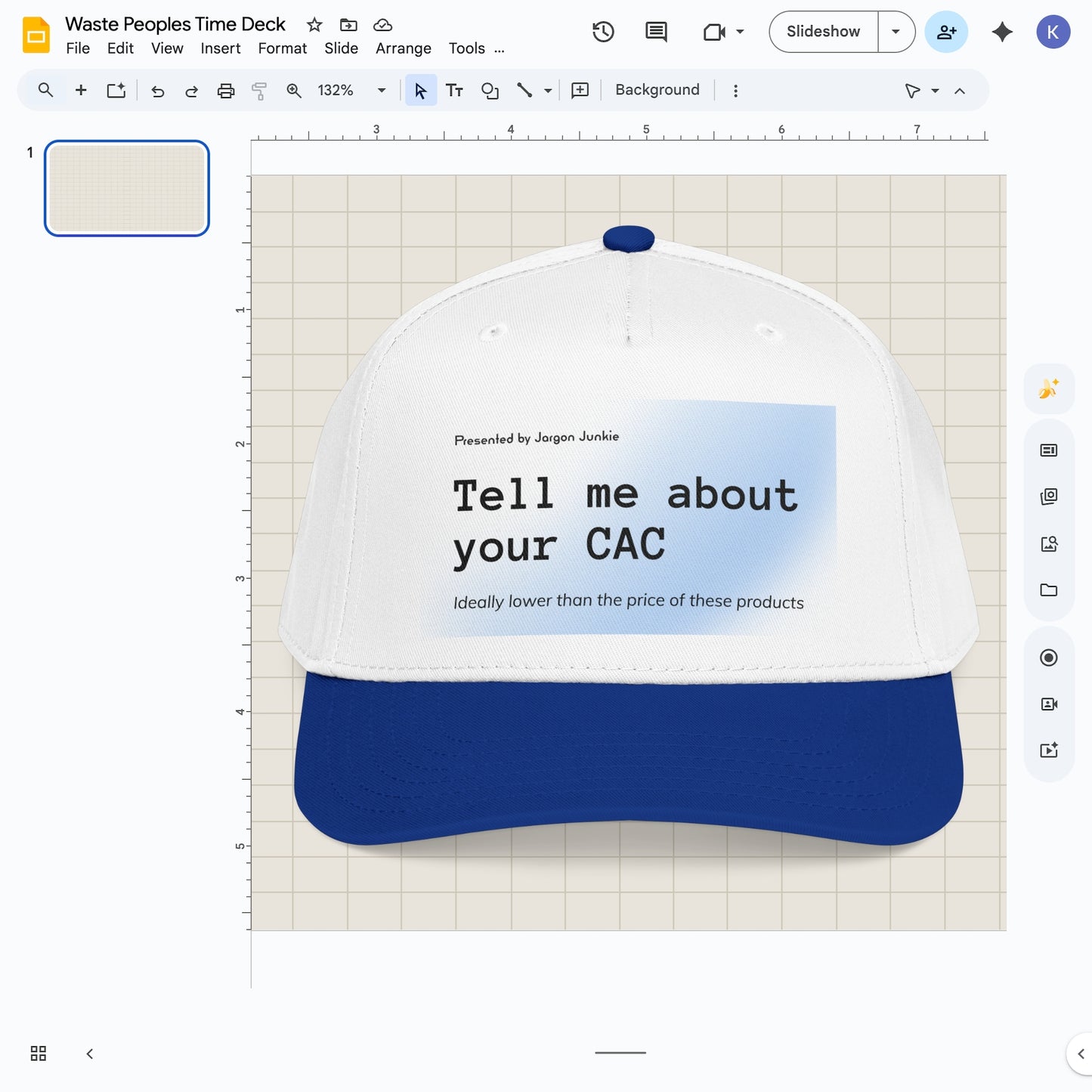 Jargon Junkie white and royal blue baseball cap with Tell Me About Your CAC graphic corporate humor design