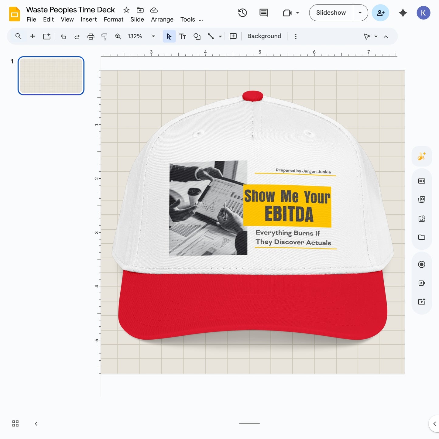 Jargon Junkie white and red baseball cap with Show Me Your EBITDA graphic corporate finance humor design