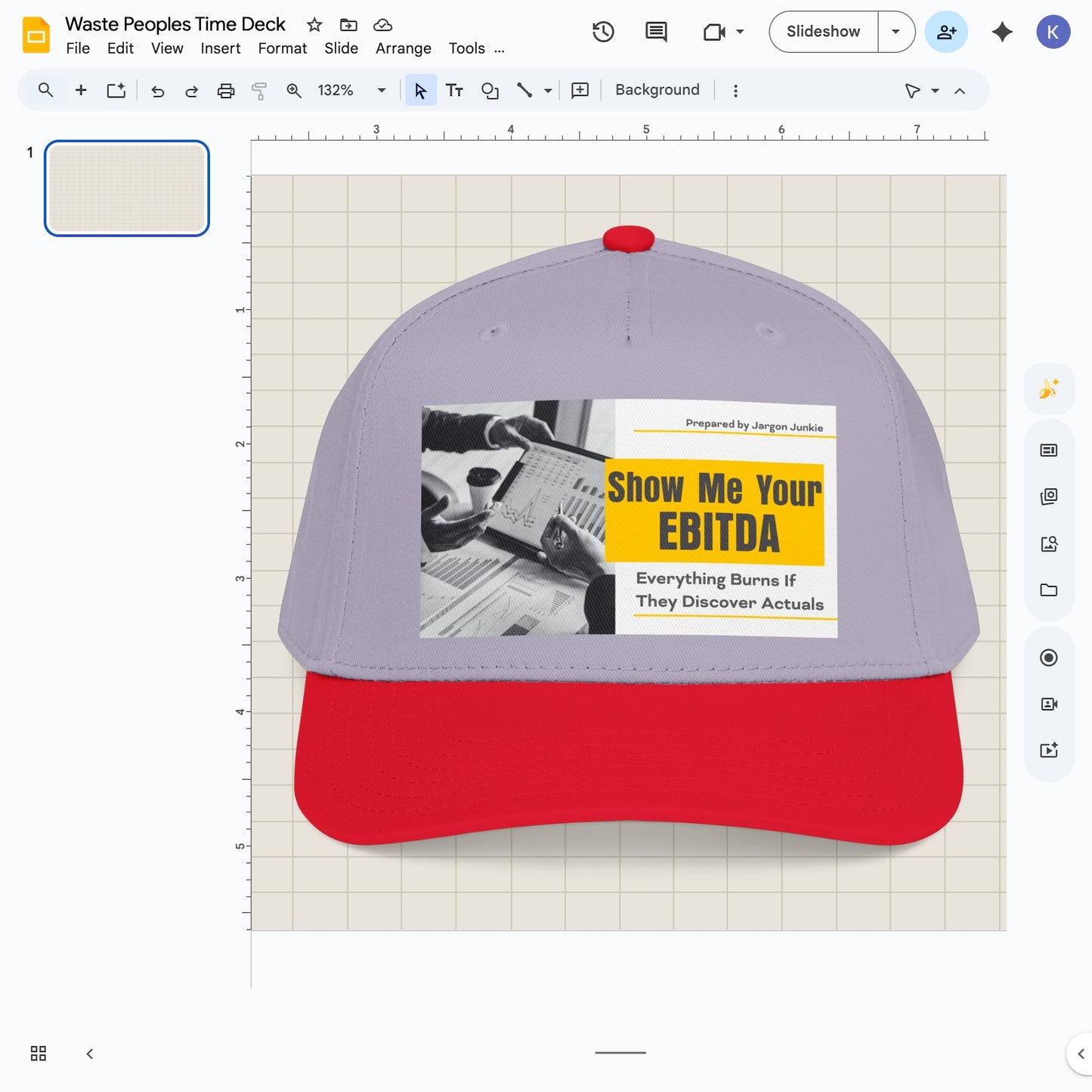 Jargon Junkie gray and red baseball cap with Show Me Your EBITDA graphic corporate finance humor design