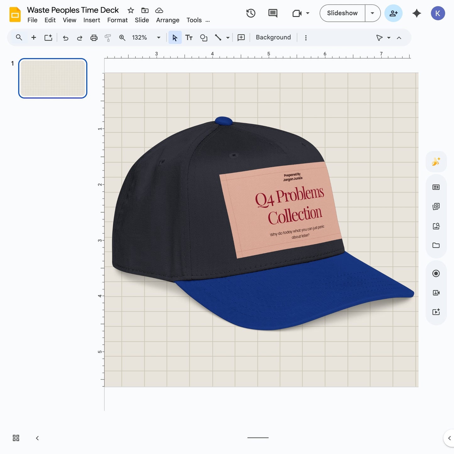 Jargon Junkie black and royal blue baseball cap angled view with Q4 Problems Collection graphic corporate humor design