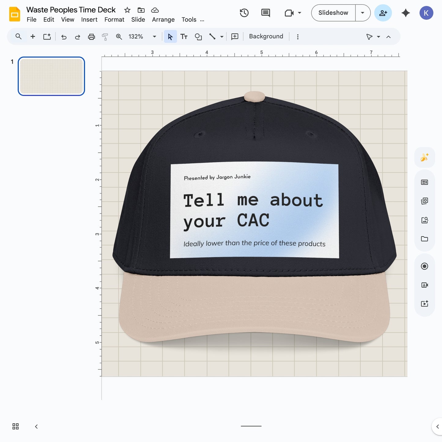 Jargon Junkie navy blue and khaki baseball cap with Tell Me About Your CAC graphic corporate humor design