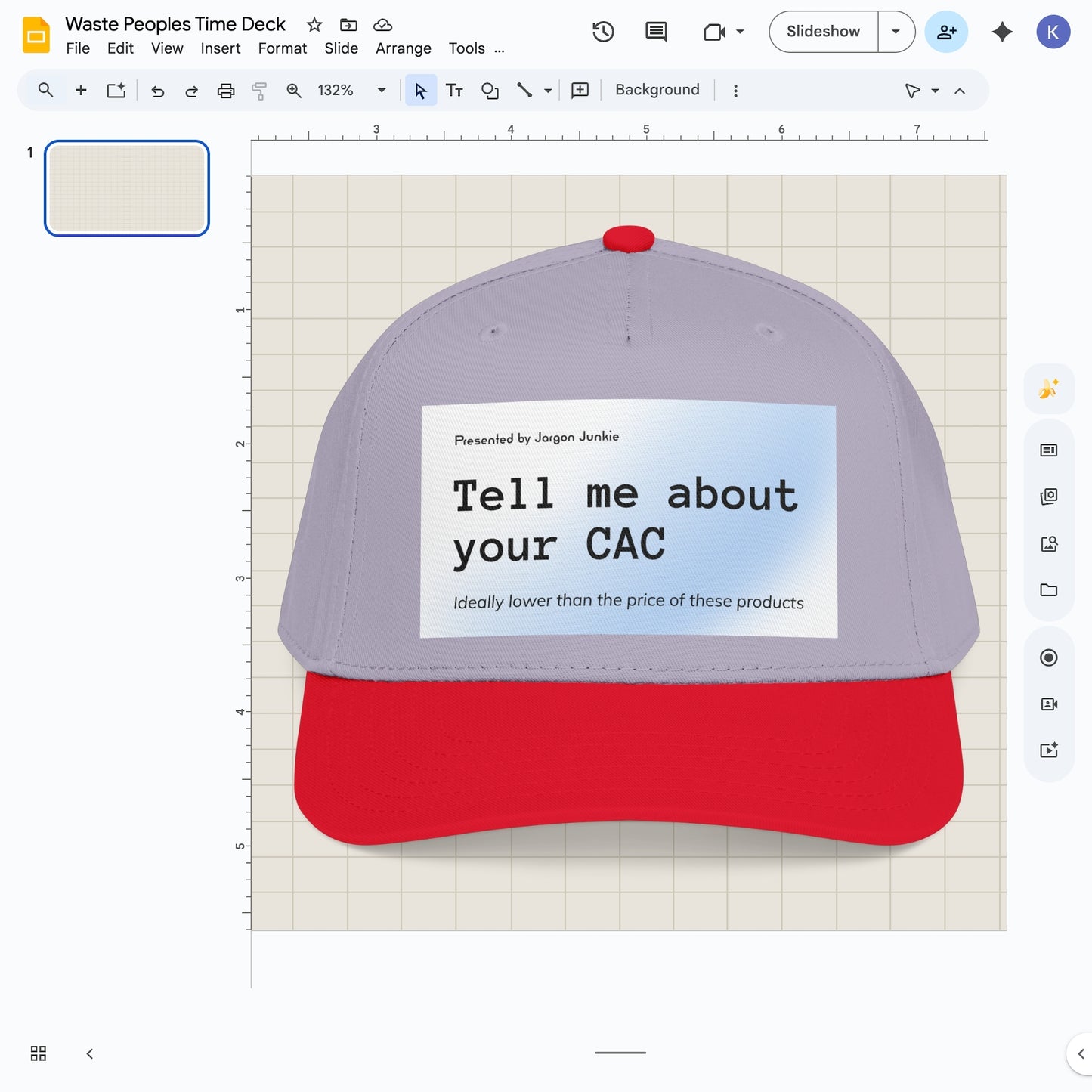 Jargon Junkie gray and red baseball cap with Tell Me About Your CAC graphic corporate humor design