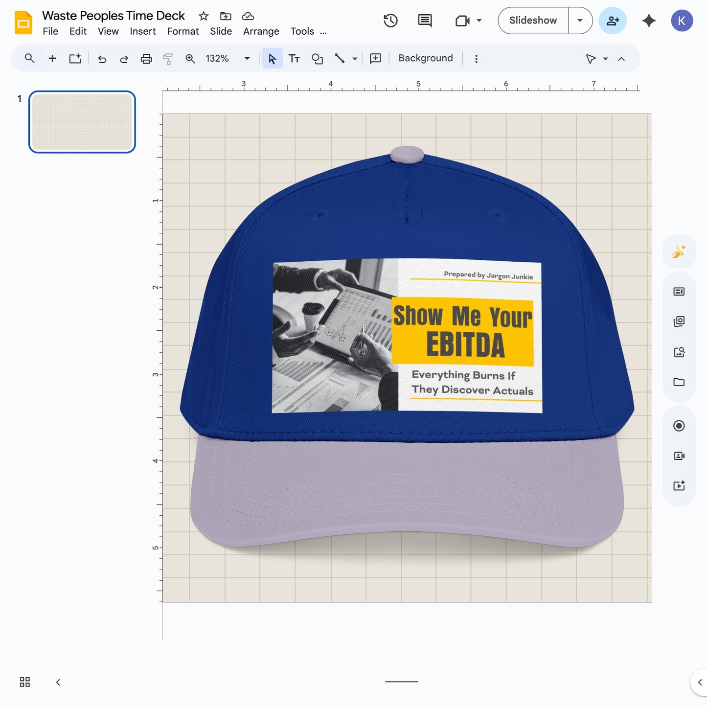 Jargon Junkie royal blue and lavender baseball cap with Show Me Your EBITDA graphic corporate finance humor design