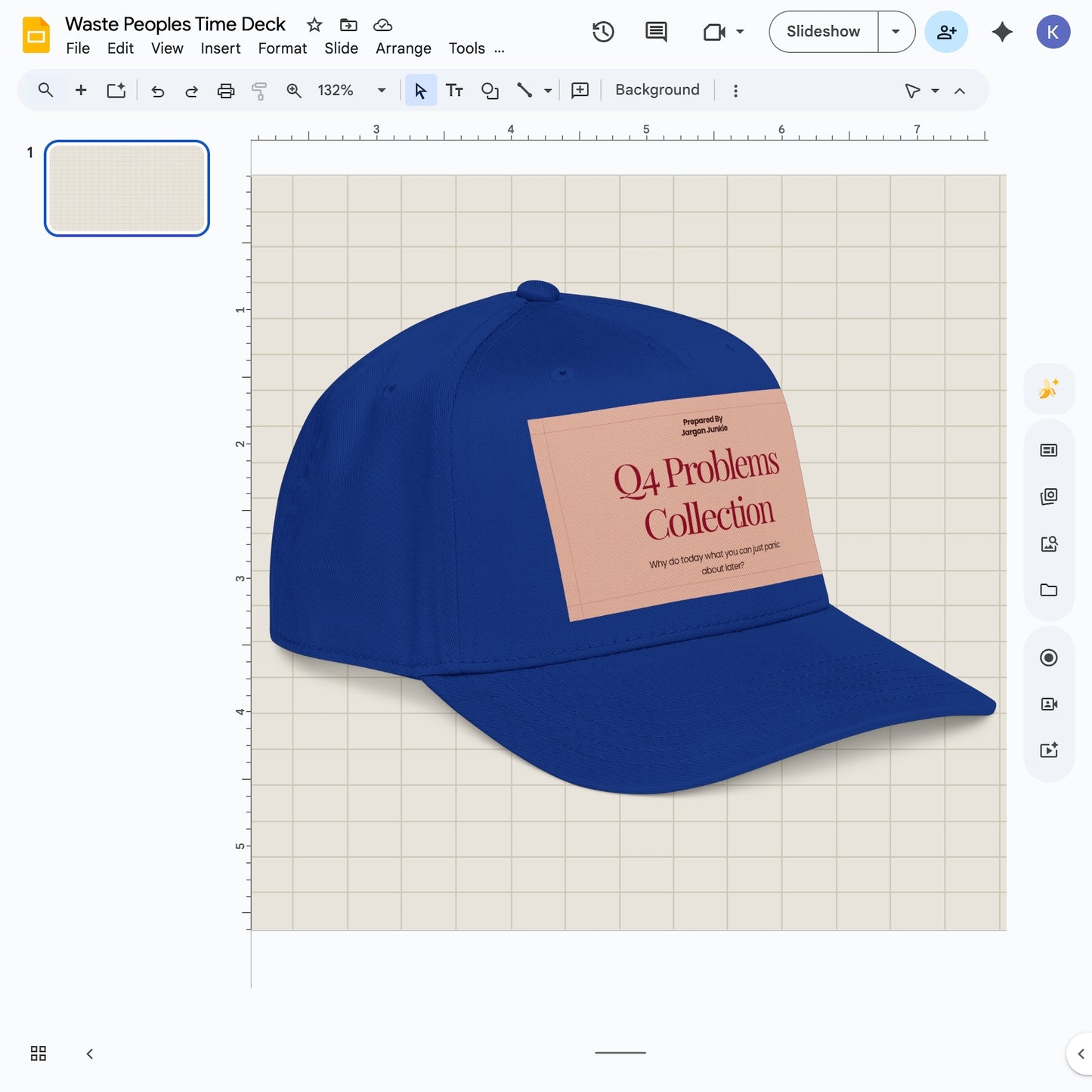 Jargon Junkie royal blue baseball cap angled view with Q4 Problems Collection graphic corporate humor design