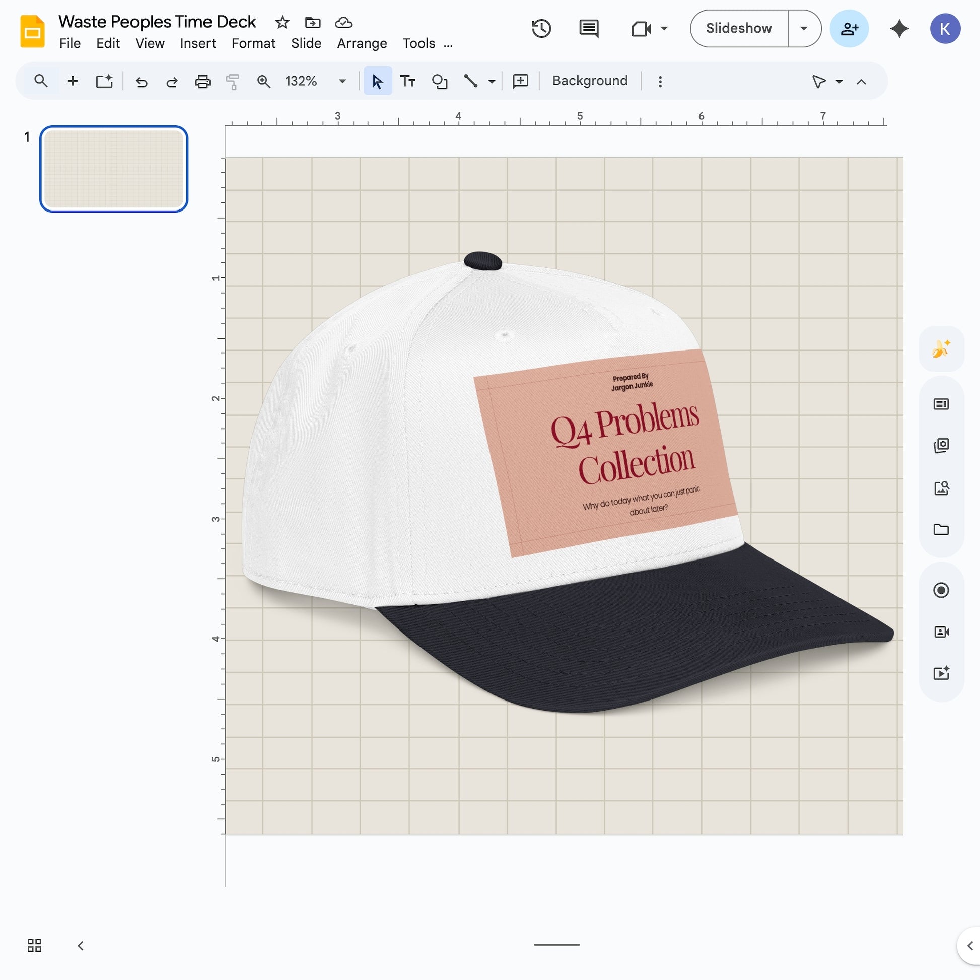 Jargon Junkie white and black baseball cap with Q4 Problems Collection graphic corporate humor design