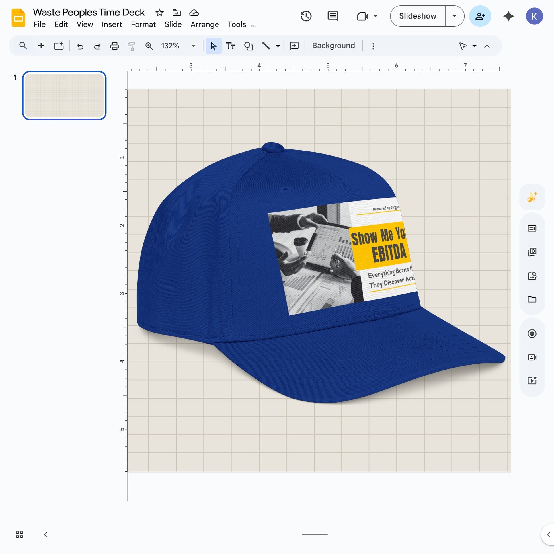 Jargon Junkie royal blue baseball cap angled view with Show Me Your EBITDA graphic corporate finance humor design