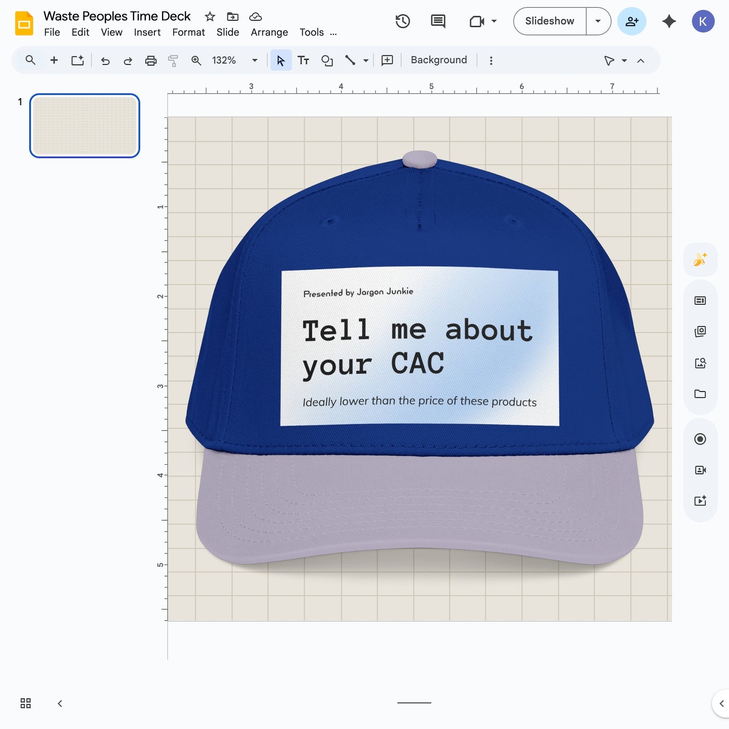 Jargon Junkie royal blue and gray baseball cap with Tell Me About Your CAC graphic corporate humor design