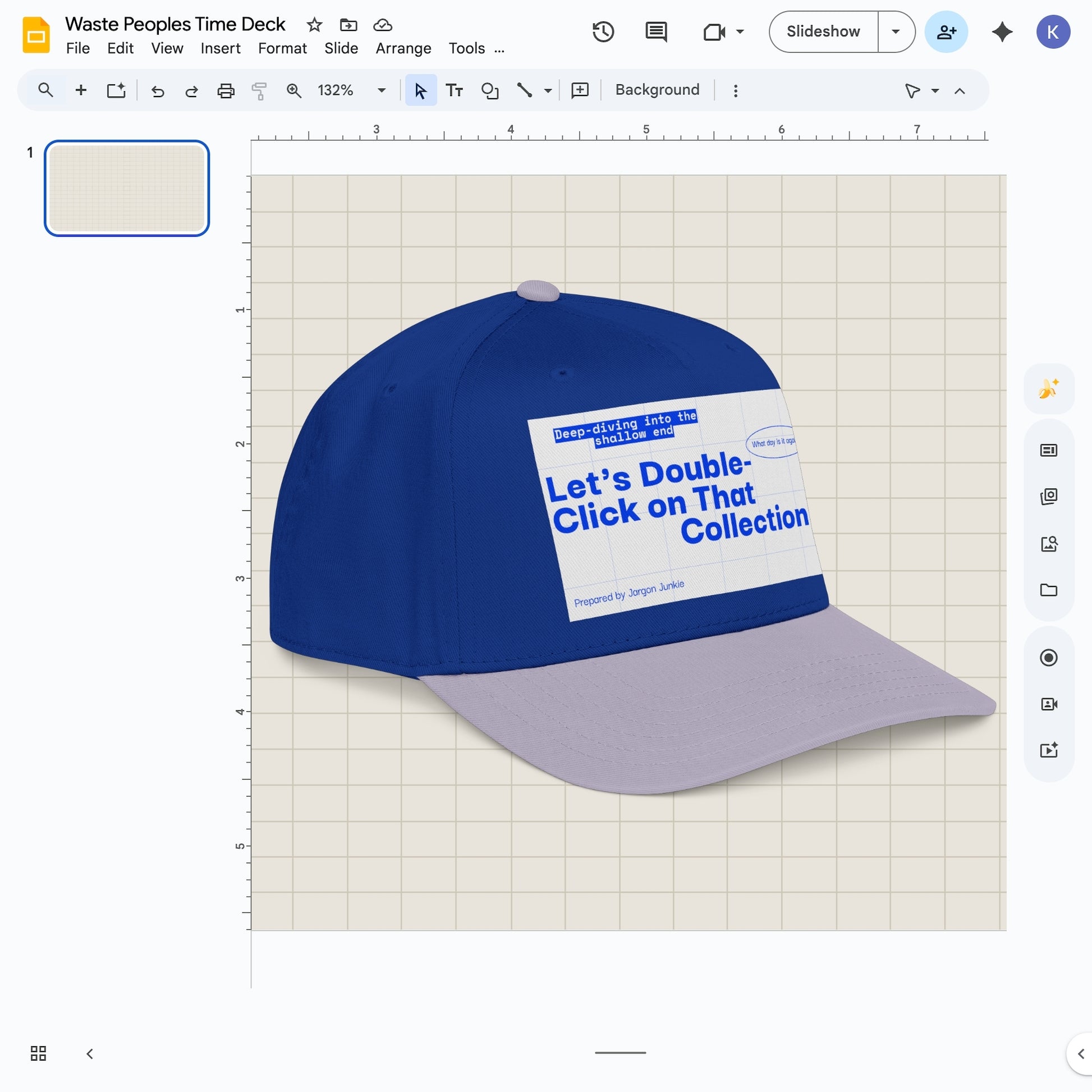 Jargon Junkie blue and gray baseball cap angled view with slide deck graphic reading Let's Double-Click on That Collection