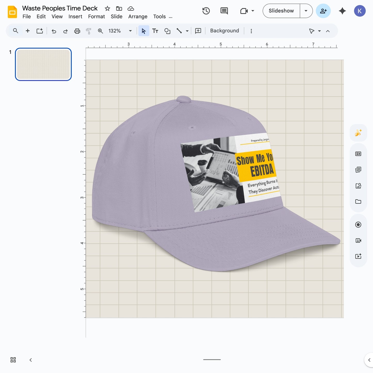 Jargon Junkie lavender baseball cap angled view with Show Me Your EBITDA graphic corporate finance humor