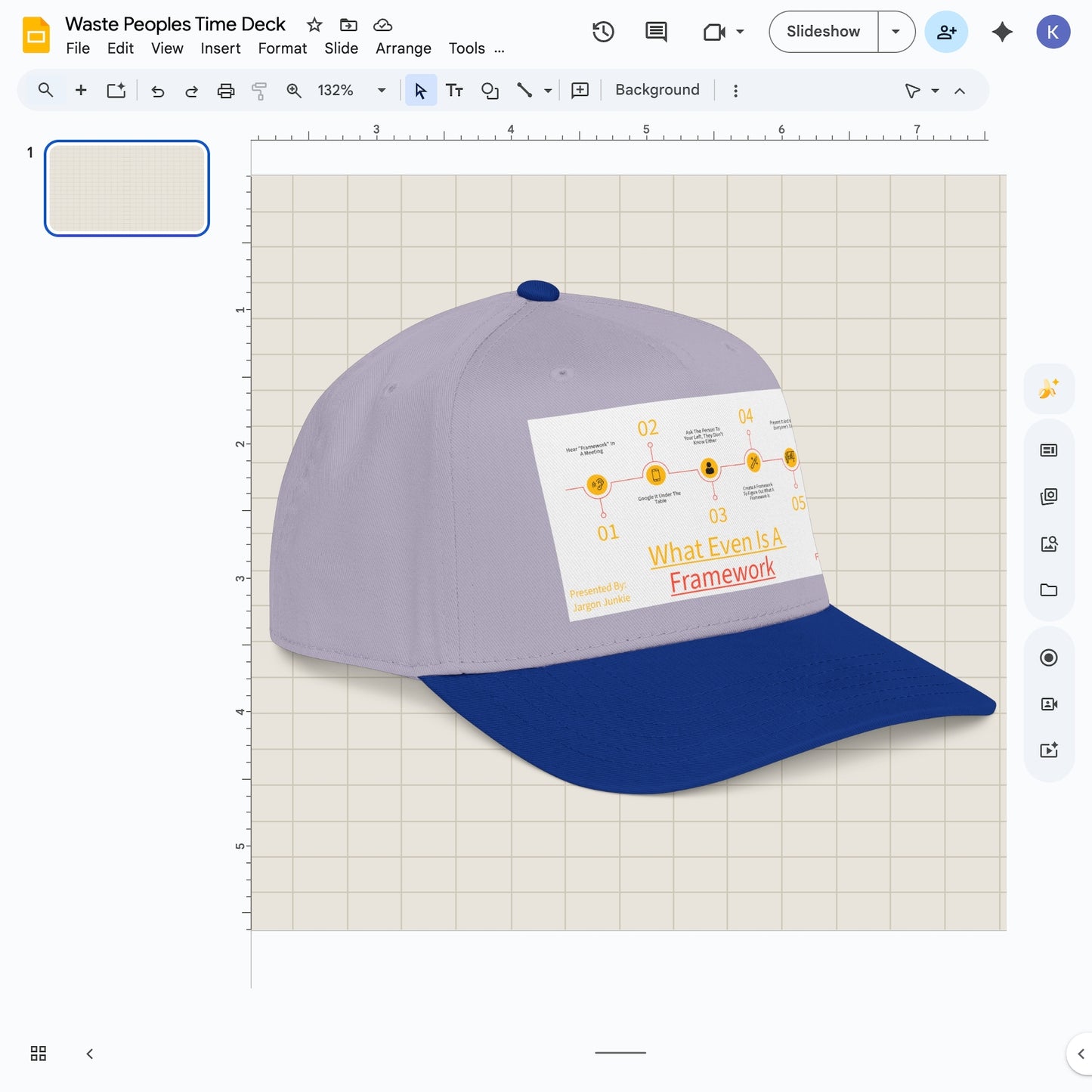 Jargon Junkie lavender and royal blue baseball cap with What Even Is A Framework graphic corporate jargon humor design
