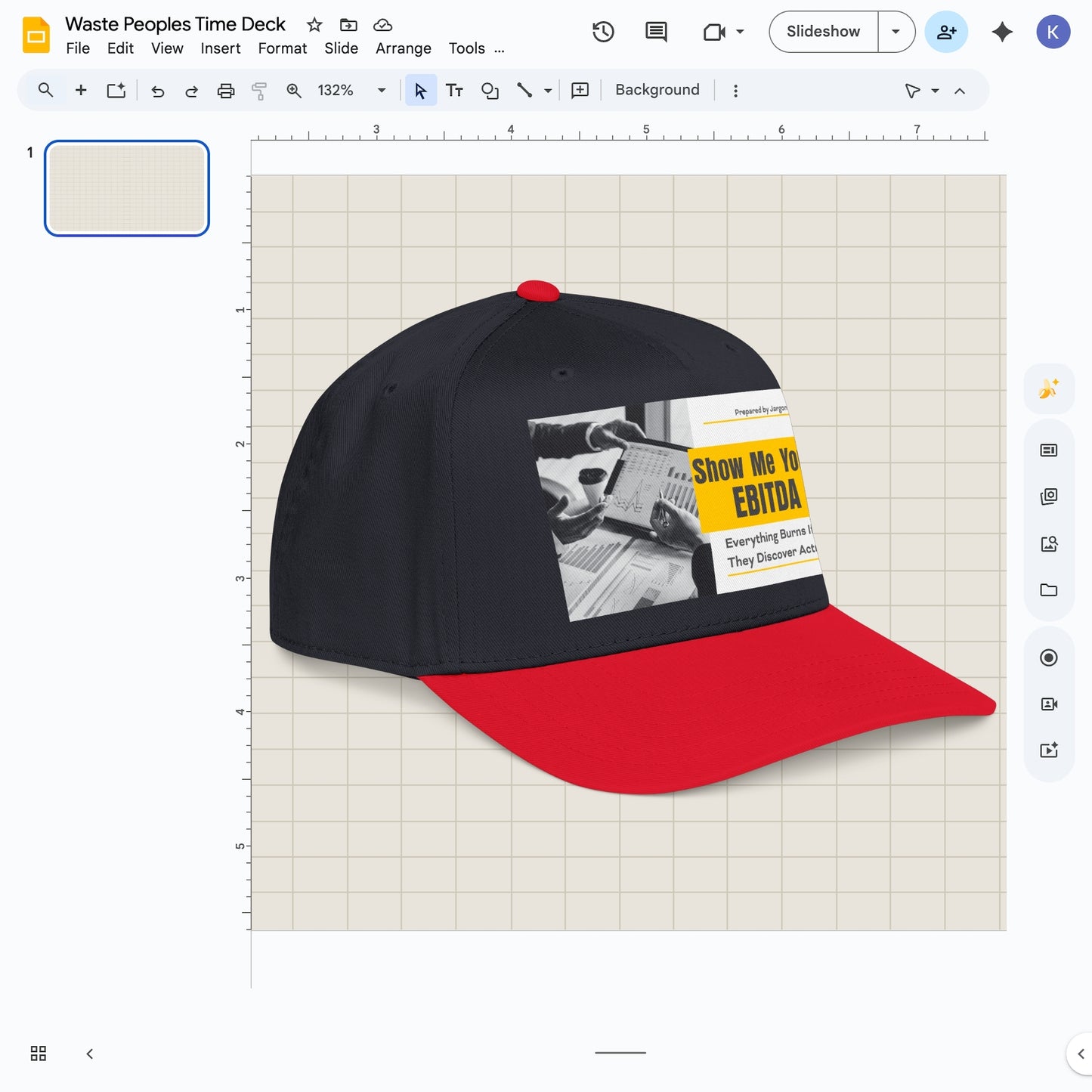Jargon Junkie navy and red baseball cap angled view with Show Me Your EBITDA graphic corporate finance humor