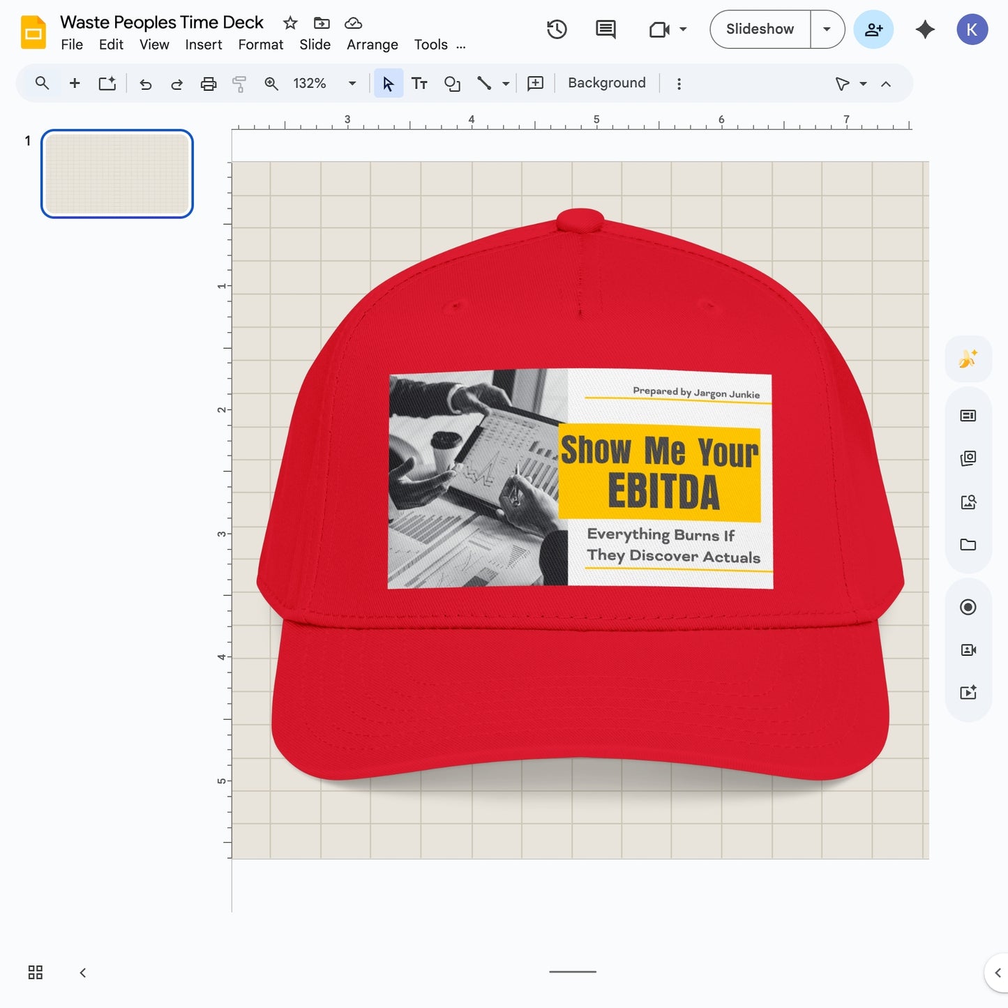Jargon Junkie red baseball cap with Show Me Your EBITDA graphic corporate finance humor design