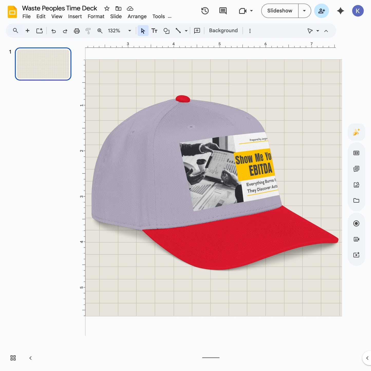 Jargon Junkie gray and red baseball cap angled view with Show Me Your EBITDA graphic corporate finance humor