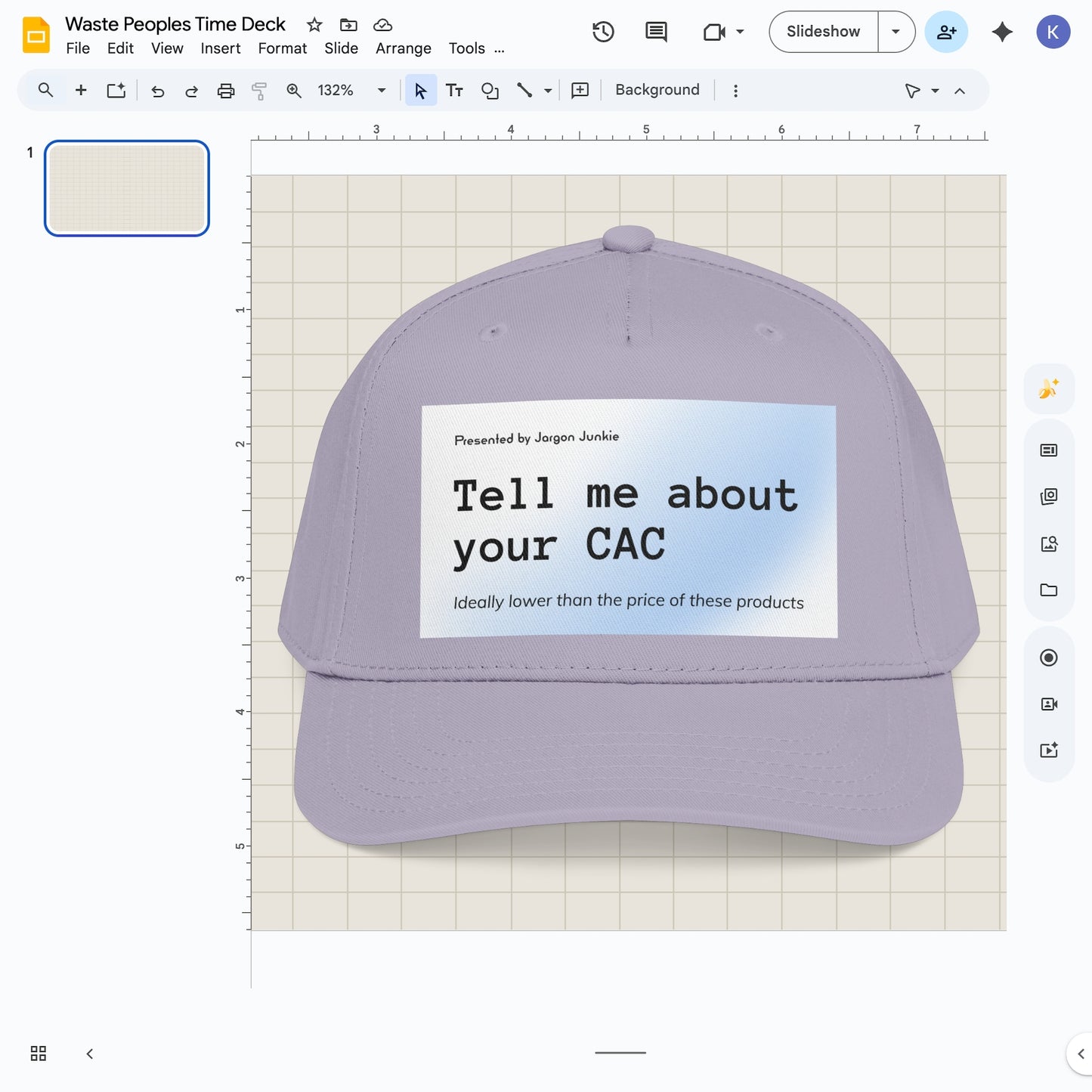 Jargon Junkie gray baseball cap with Tell Me About Your CAC graphic corporate humor design
