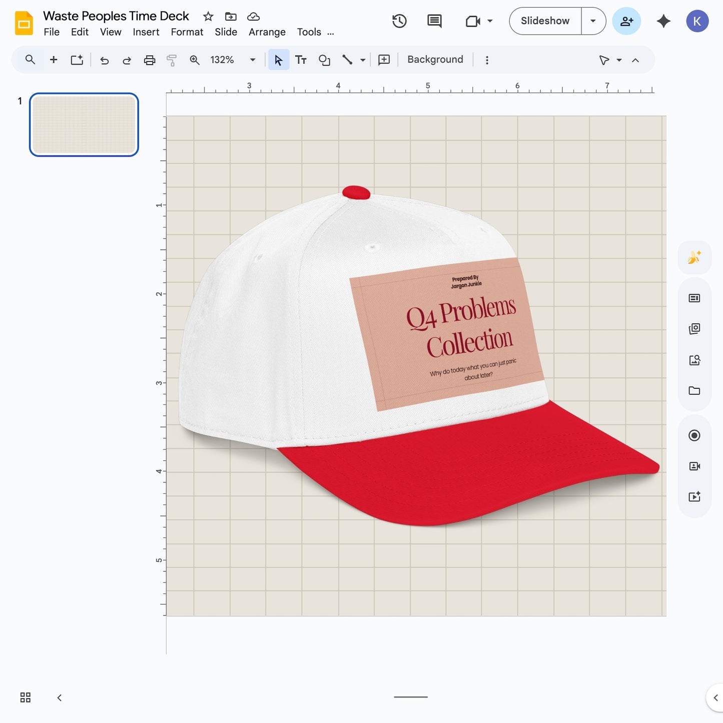 Jargon Junkie white and red baseball cap with Q4 Problems Collection graphic corporate humor design