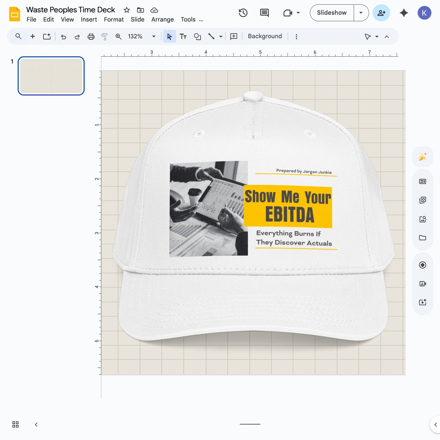 Jargon Junkie white baseball cap with Show Me Your EBITDA graphic corporate finance humor design