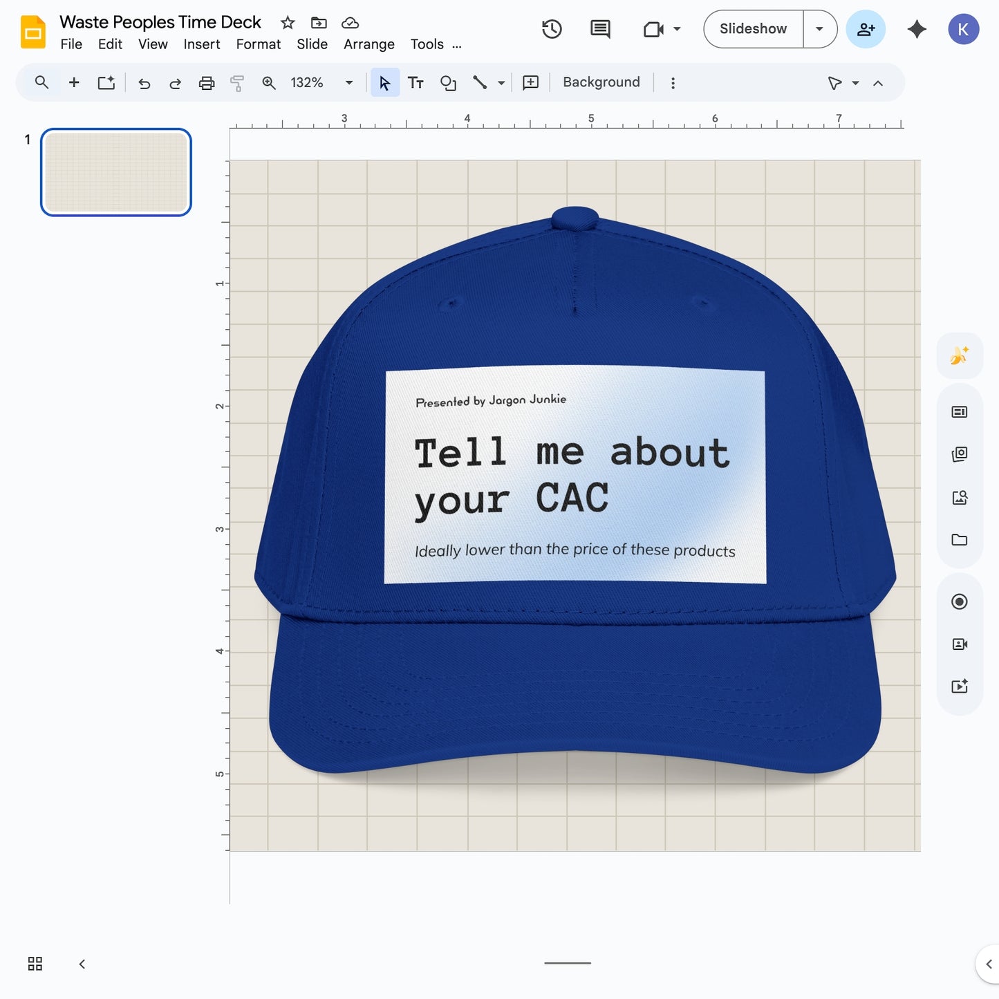 Jargon Junkie royal blue baseball cap with Tell Me About Your CAC graphic corporate humor design