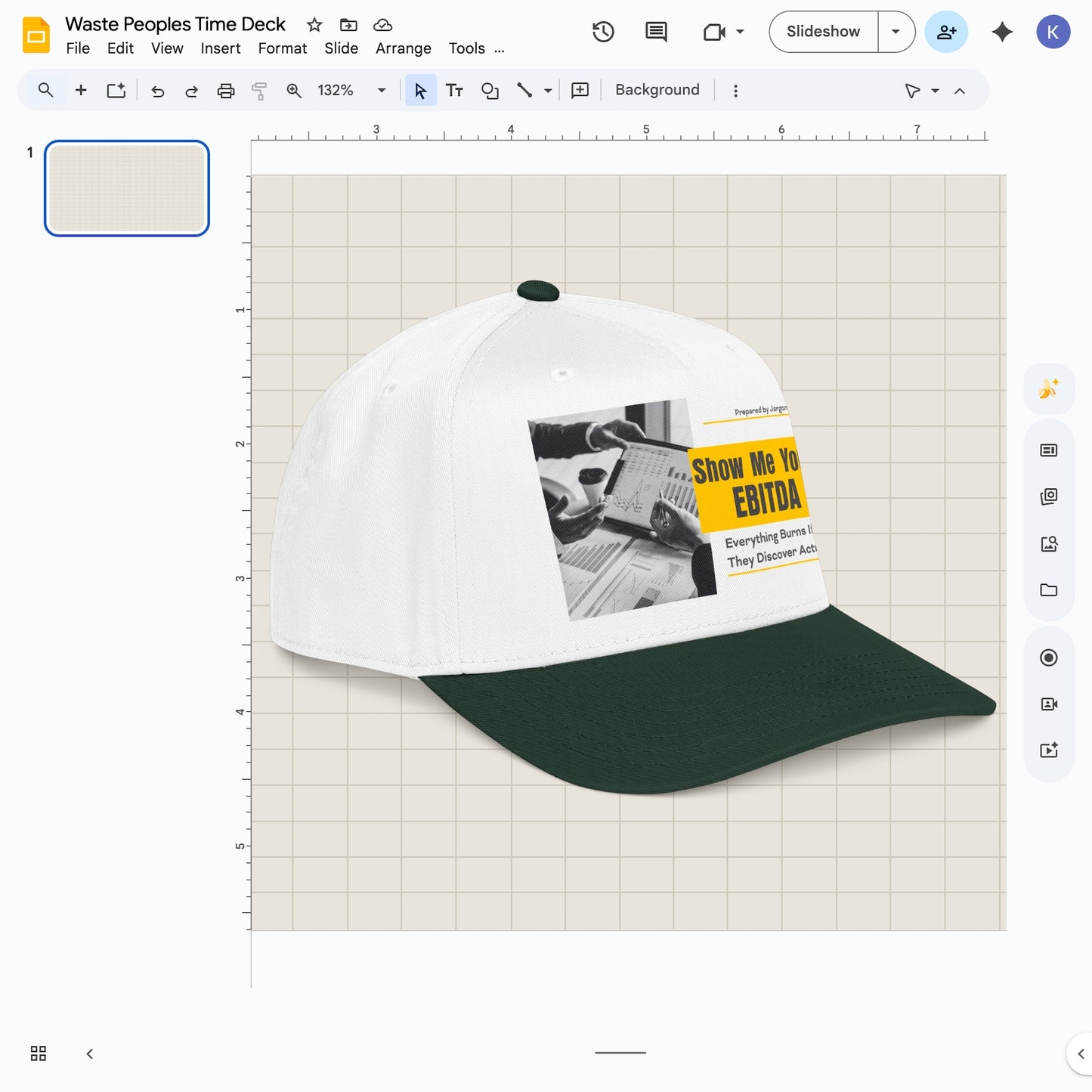Jargon Junkie white and green baseball cap angled view with Show Me Your EBITDA graphic corporate finance humor
